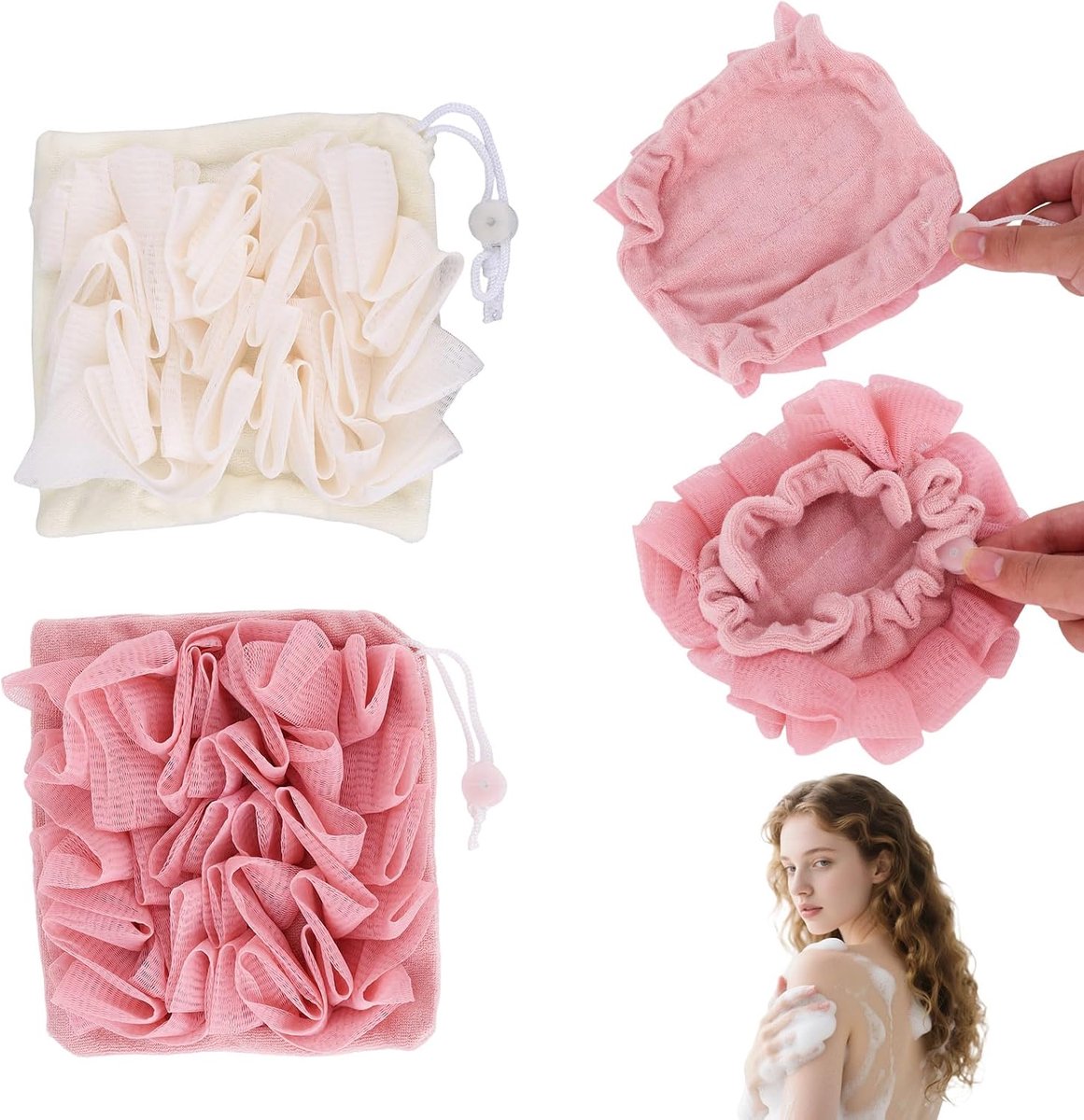 2st Luffa-Washandje voor Zeepblok, 2-in-1 Exfoliërende Badspons met Trekkoord Herbruikbaar Mesh-Doucheschuim voor Huidverzachting & Lichaamsreiniging (Roze, Beige)