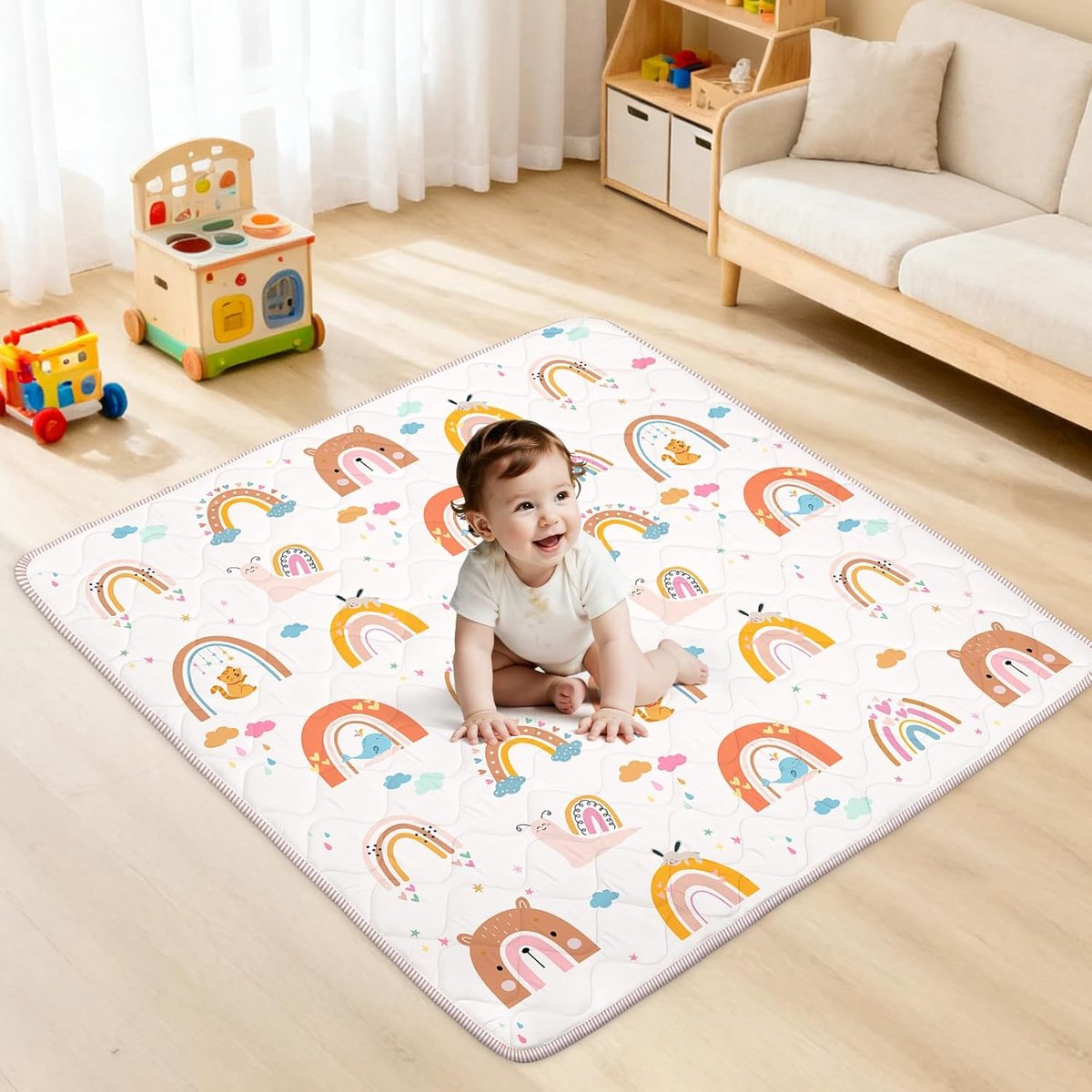 Babyspeelmat voor op de grond, 127 x 127 cm babyspeelmat, zacht schuimvloermat, wasbaar, opvouwbaar voor buiktijd, veilige antislip achterkant voor kruipende pasgeborenen, peuters, kinderen, boho