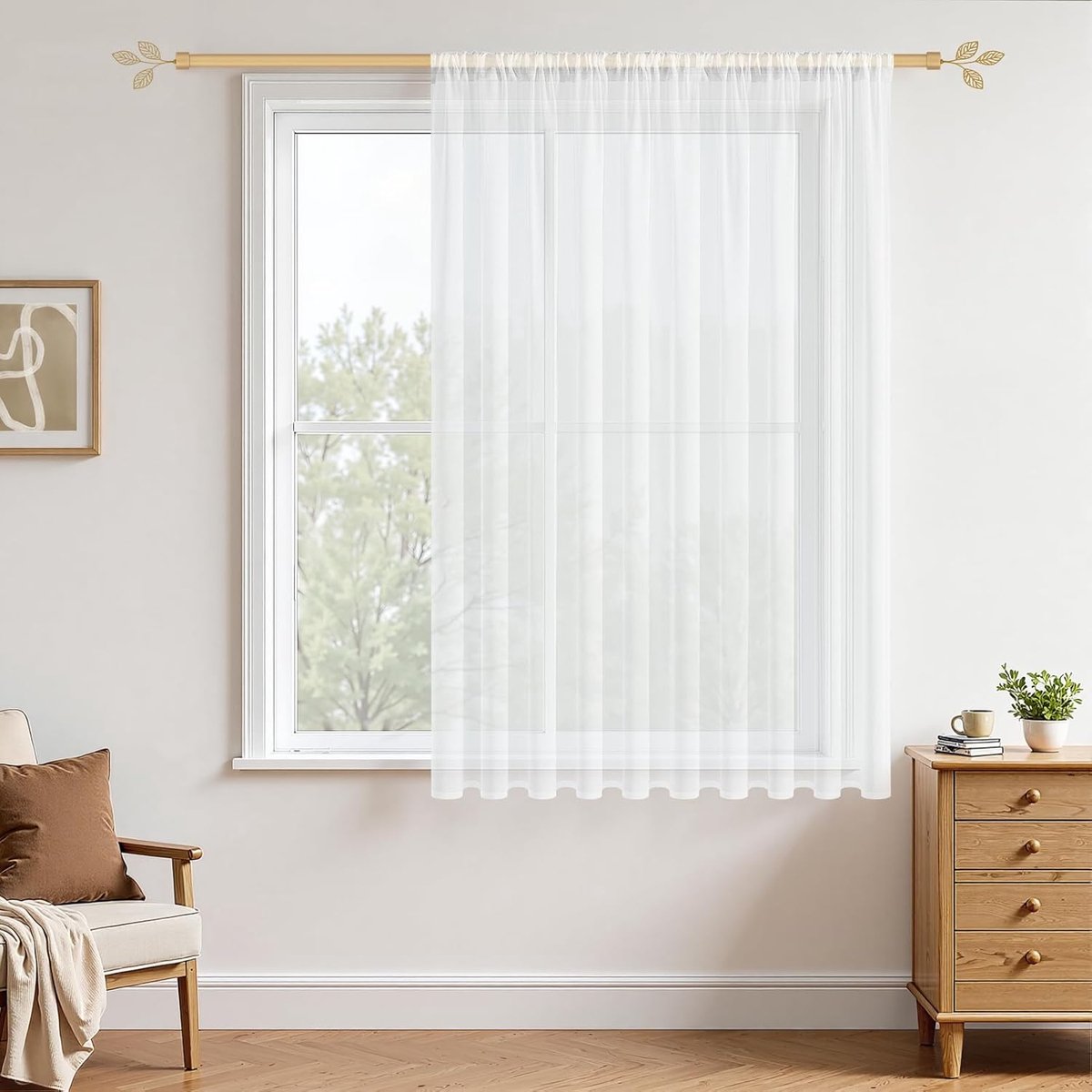 Gordijnen, 200 cm breed, wit, semi-transparant, extra breed, boho, voile, 150 cm lang, modern, kort, set van 1, doorzichtig, voor kinderkamer en meisjes, wit, voor stangdoorgang