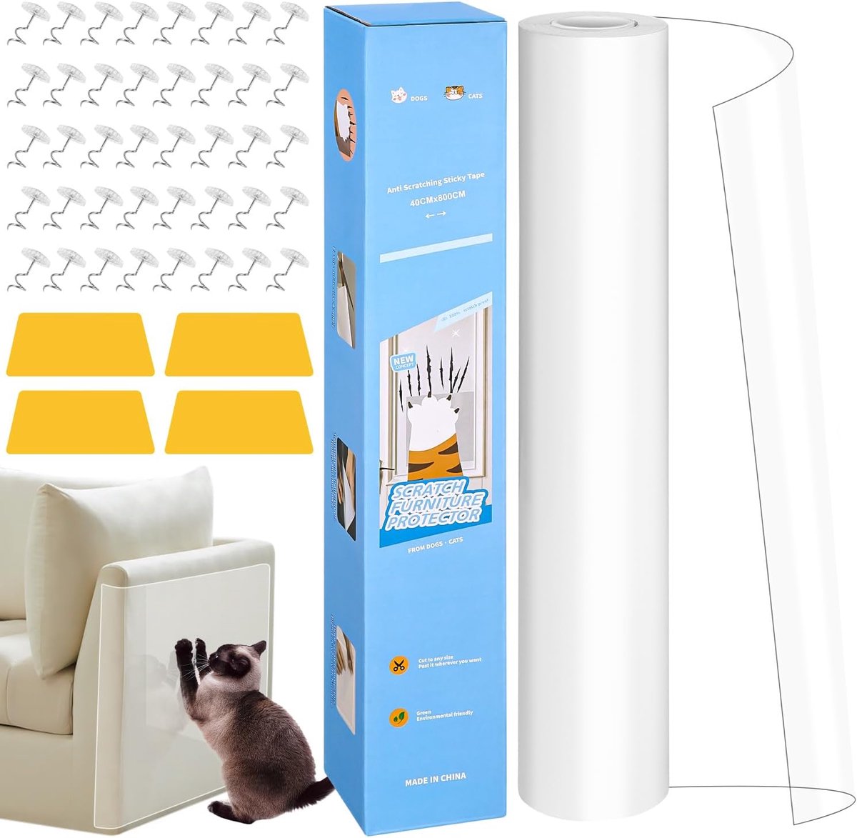 Krasbescherming voor bank, kat, zelfklevende krasfolie, 8 m x 40 cm, transparante katten, krasbescherming voor meubels, bank, deur en muur, anti-krasfolie voor katten, effectieve