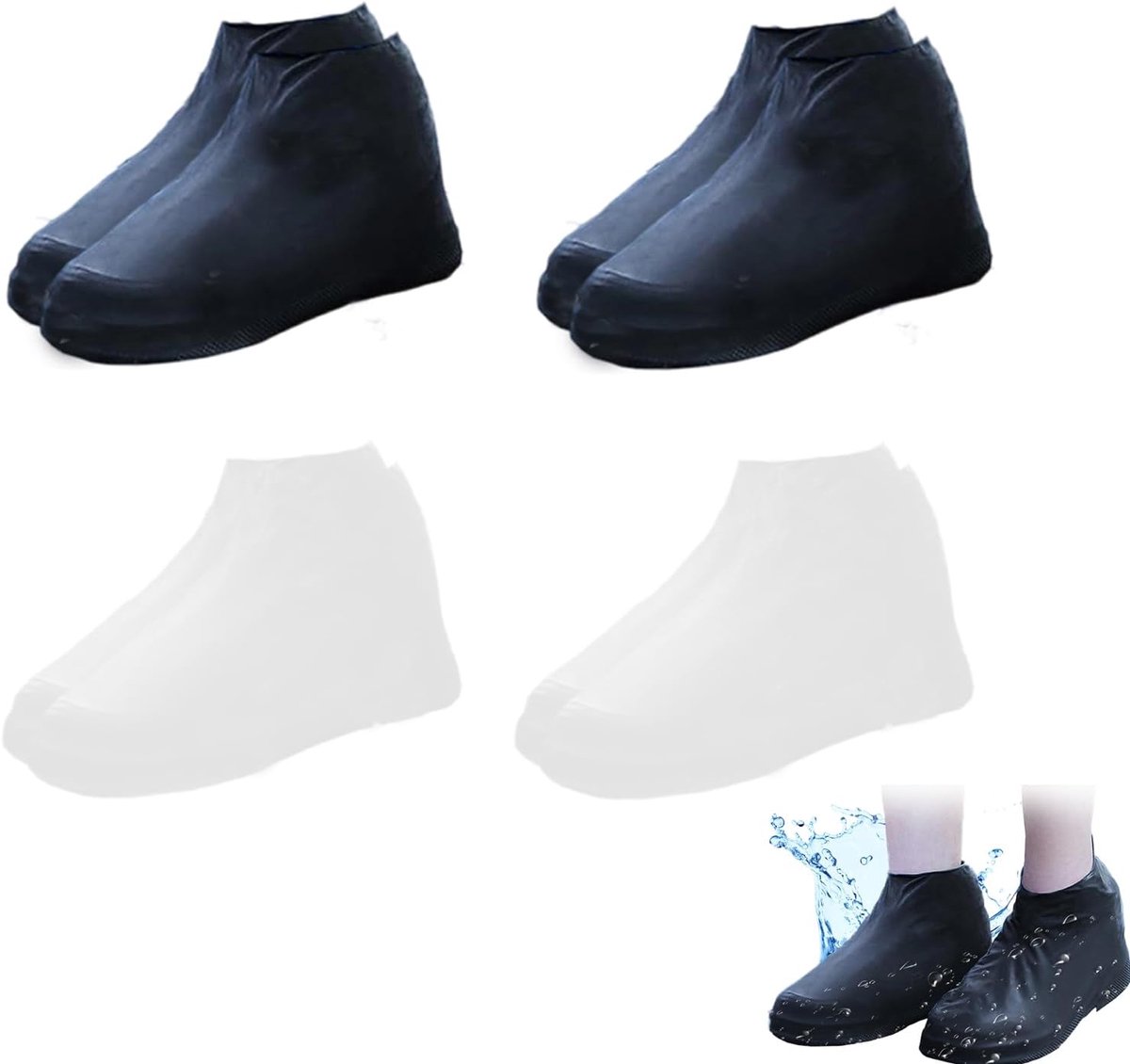 waterdicht latex unisex 4 paar regenhoezen voor schoenen maat 32-43 zwart en wit antislip herbruikbaar bescherming bij regen, modder en stof ideaal voor reizen, wandelen en fiet