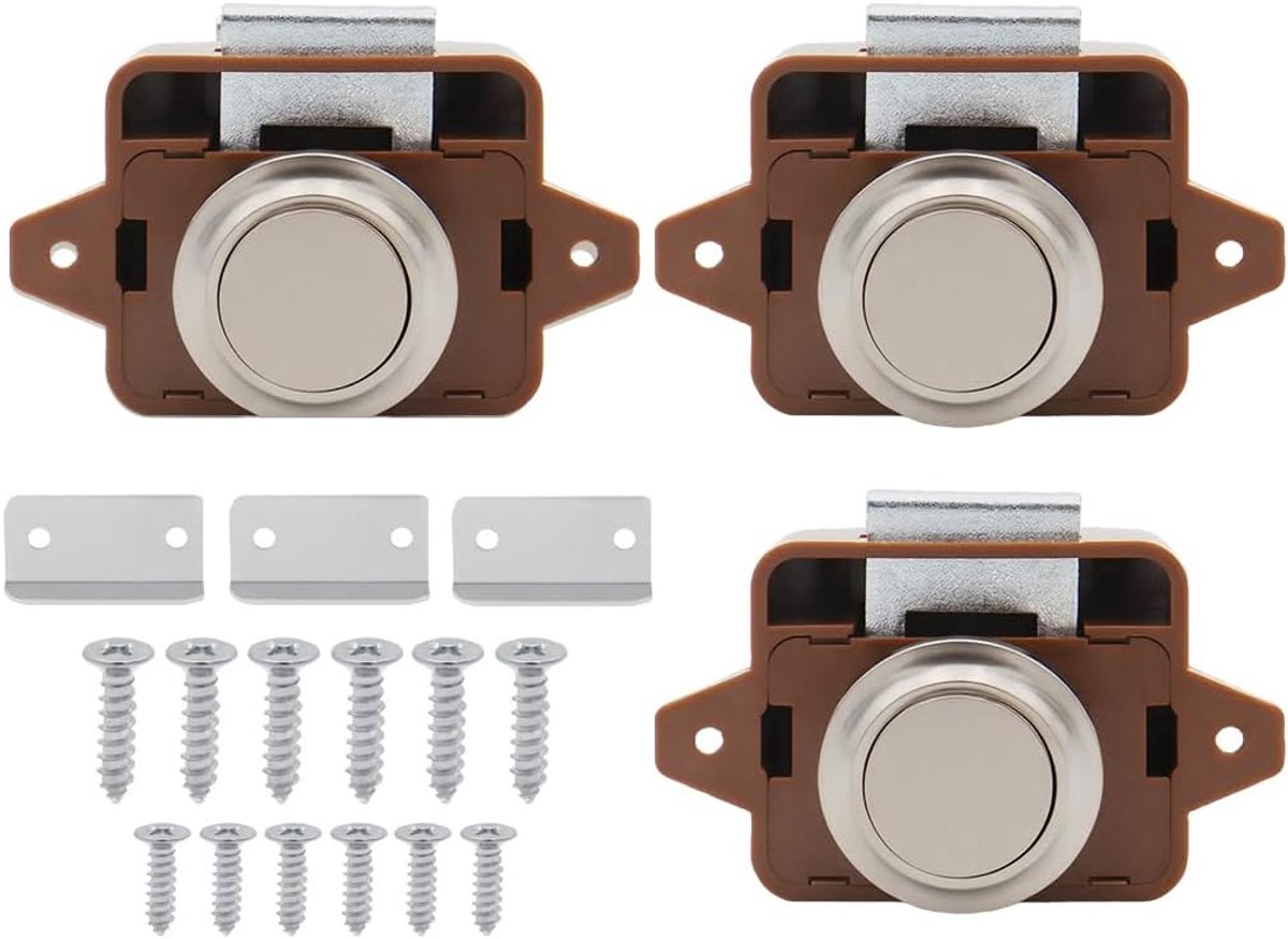 3 stuks drukknop-slot, push-lock buttoncatch, keyless campervergrendeling, vergrendeling voor laden, drukslot, mini-push-locks, voor lade, kast, camper, bruin