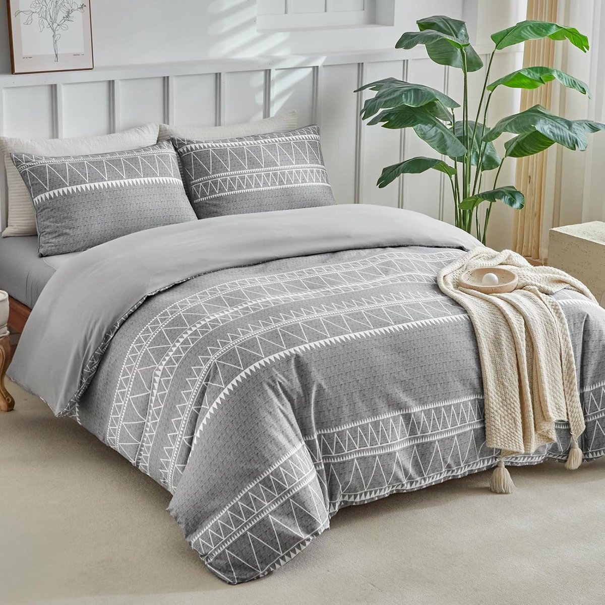 4-Delige Dekbedovertrek Set 220x240cm + Hoeslaken 150x200x35cm En 2 Kussenslopen 50x75cm – Bohemien Beddengoed Met Gedempte Grijstinten In Microvezel