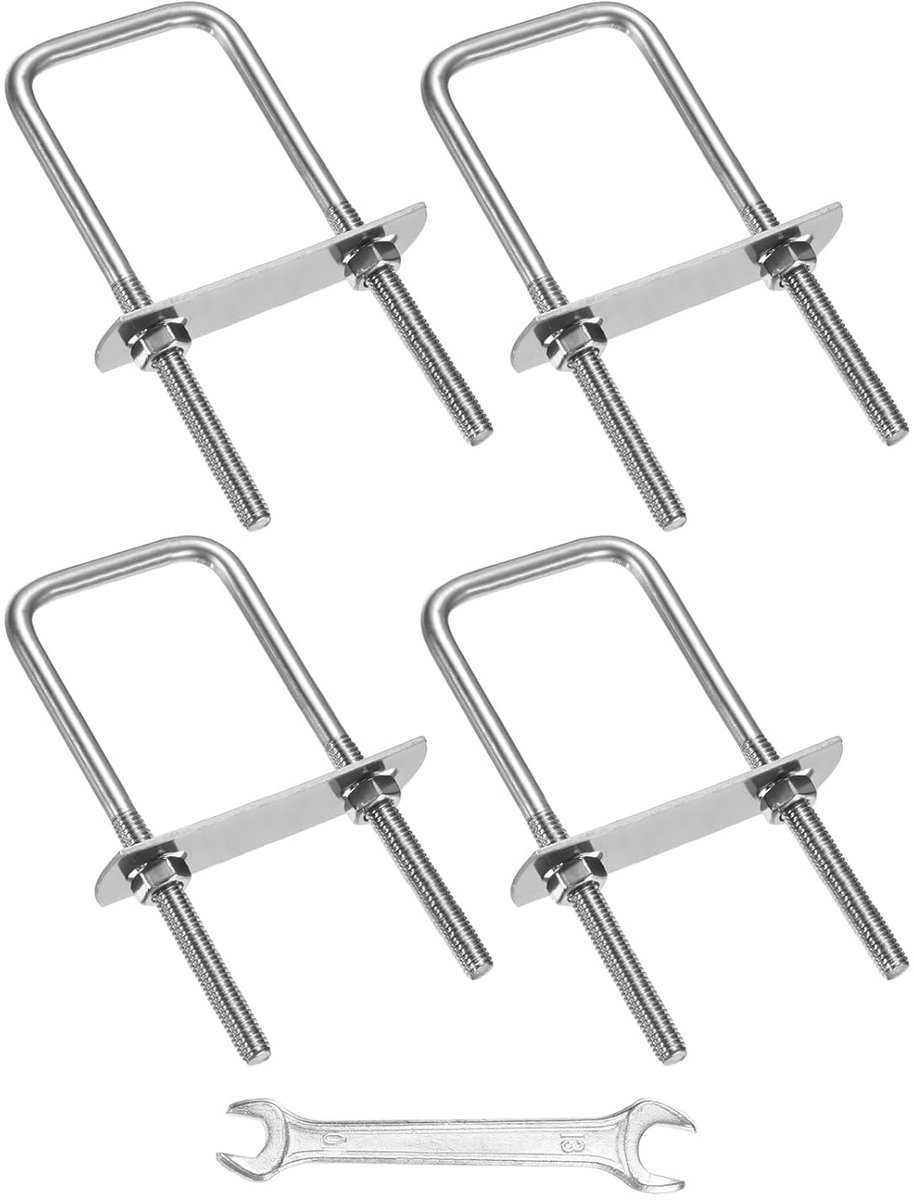U-boutenset (M8 x 30 x 100 mm, zilver), 4 stuks, vierkante U-vormige bouten, roestvrij staal 304, met frameplaten en moeren en sluitringen en sleutels, te gebruiken op ski's