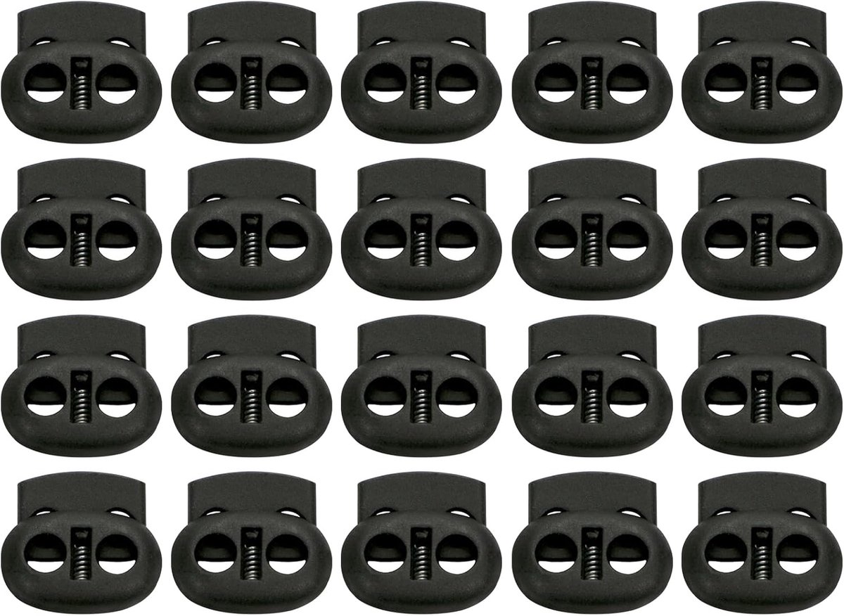 Set met dubbele gaten, veersnoersloten, tuimels voor trekkoorden 20 stuks dubbele 5 mm gaten geladen plastic ronde koorduiteinden stopper sluiting ovale tuimelsloten, zwart