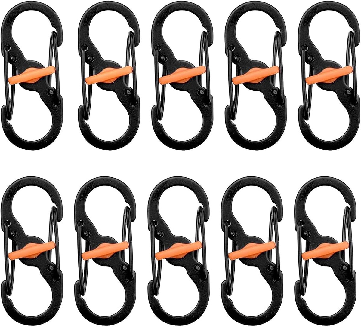 10 Stuks S-Karabijnhaken, S-Vormige Karabijnhaak, Dubbele Karabijnhaak, Kleine S-Karabijnhaak, Karabijnhaak Mini Van Roestvrij Staal, Voor Bergbeklimmen, Wandelen en Fietsen(Zwart + Oranje)