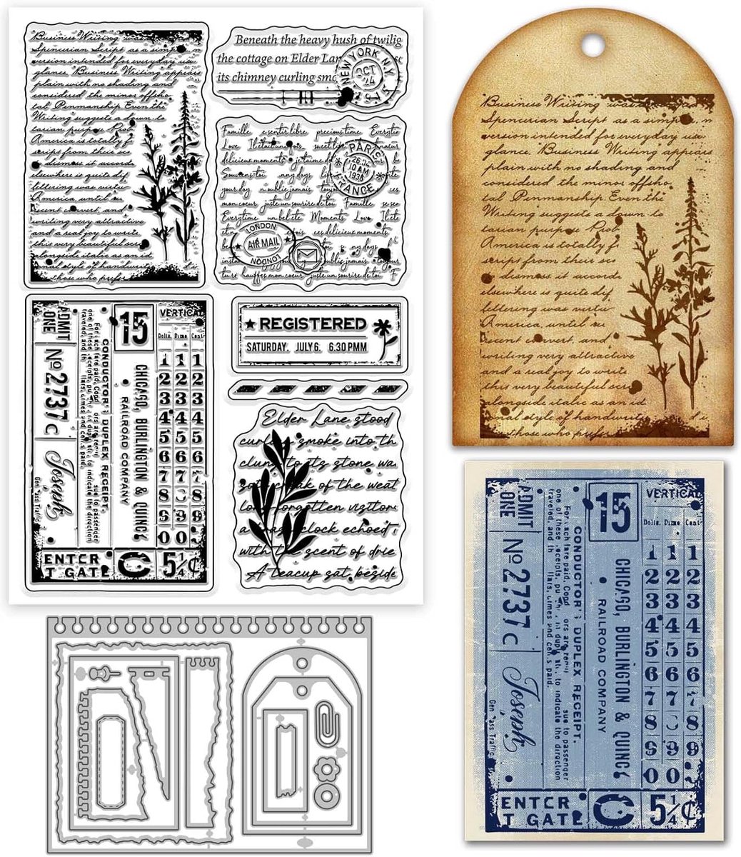 Vintage achtergrond transparante stempels en stansvormen set voor het maken van kaarten, retro etiket, siliconen stempel, gescheurde randen, zelfklevende notitie, metalen stansen voor