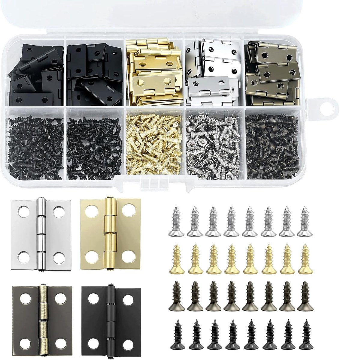 Scharnieren, inklapbaar, klein, mini scharnieren, metalen scharnieren, klein, met 448 schroeven, met schroevendraaier voor sieradenbox, kast, houten kist, doe-het-zelf