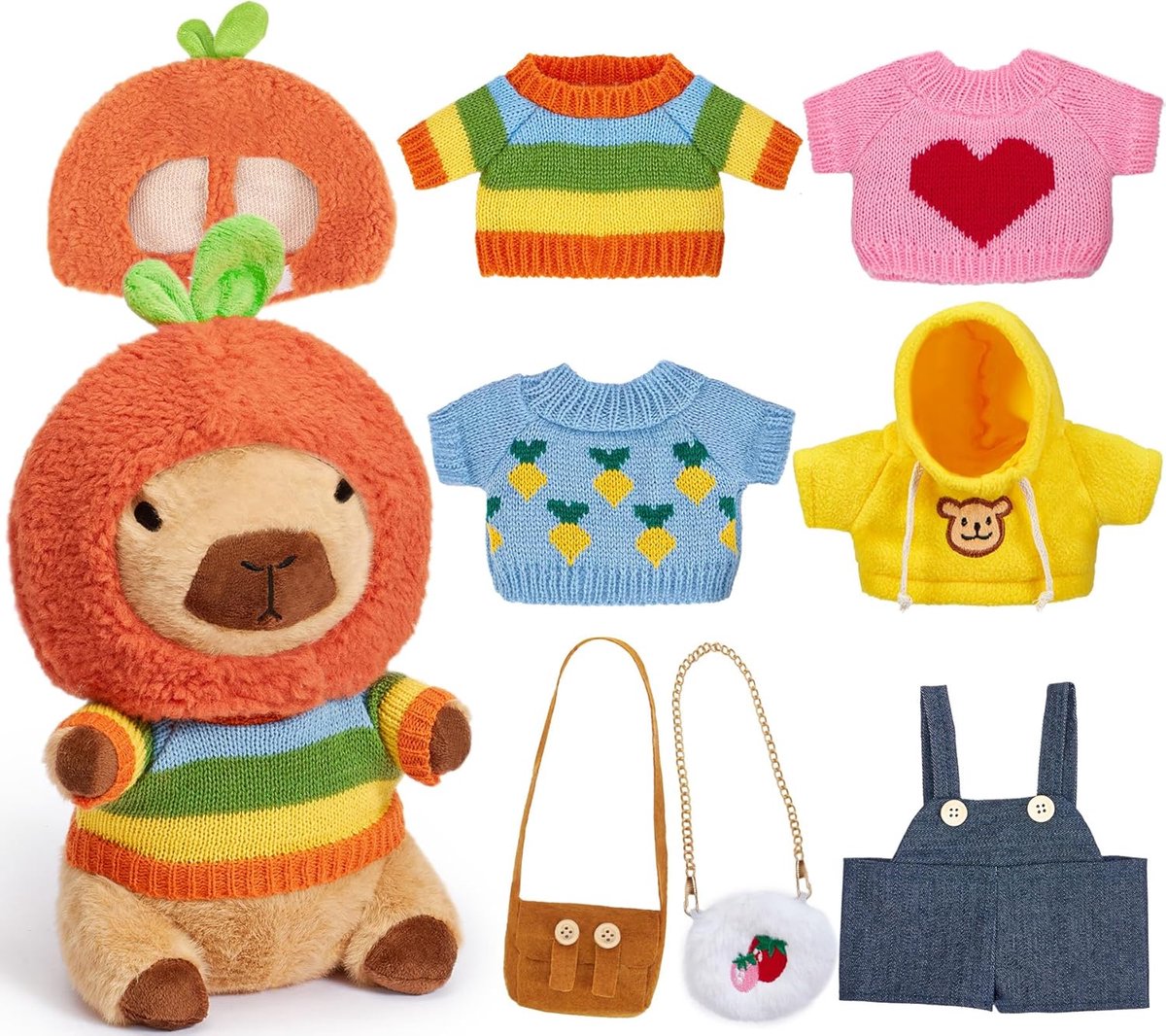 Capybara Knuffeldier voor kinderen, speelgoed vanaf 3 jaar, Capybara knuffeldier, 25 cm, met 5 kleding, hoed en 2 zakken, Capybara knuffeldier, aankleedspeelgoed, verjaardagscadeau voor kinderen