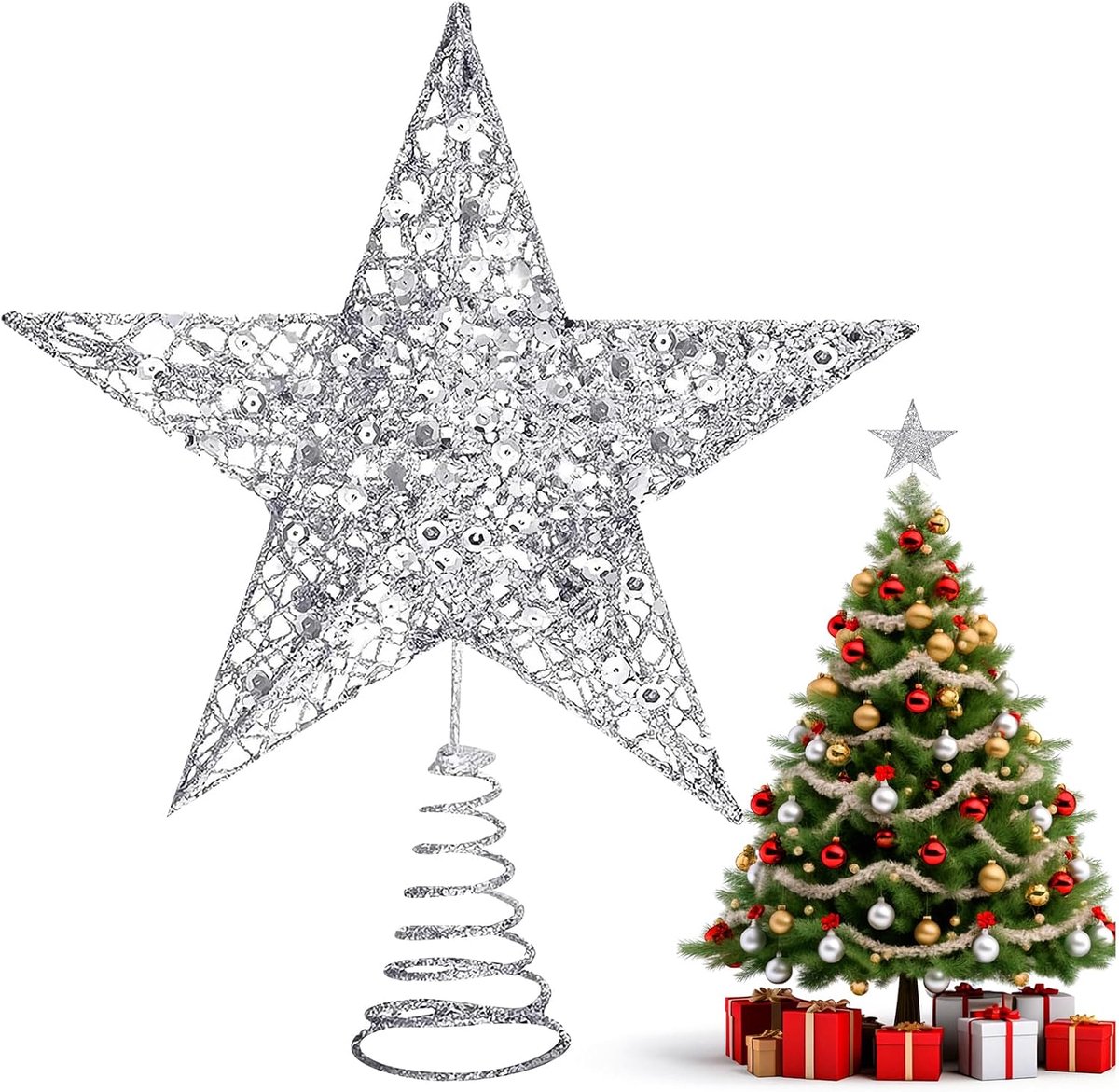 Topper Ster 15cm Breed 4cm Diepe Extra Volledige 3D Sprankelende Kerstboom Topper Ster voor Vakantie Kerstman Kerstboom Decor Zilver
