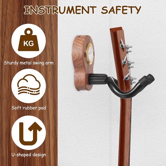 1 set wandhaken voor akoestische gitaren, elektrische gitaren, banjos, bas van walnoothout — afbeelding 3
