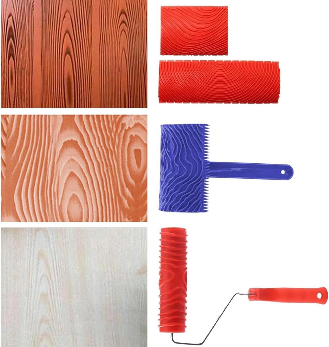 gereedschap, voor doe-het-zelf wanddecoraties, rubber schildergereedschap voor wanddecoratie, structuurrol, 4 stuks, rood, blauw