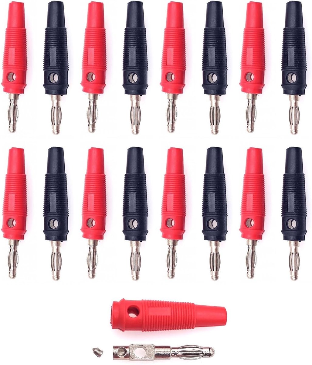 16 stuks zwart/rood 4 mm vernikkelde bananenstekkerset, schroeftype, soldeervrij, met zachte rubberen huls, luidsprekerkabelconnector voor elektrische test