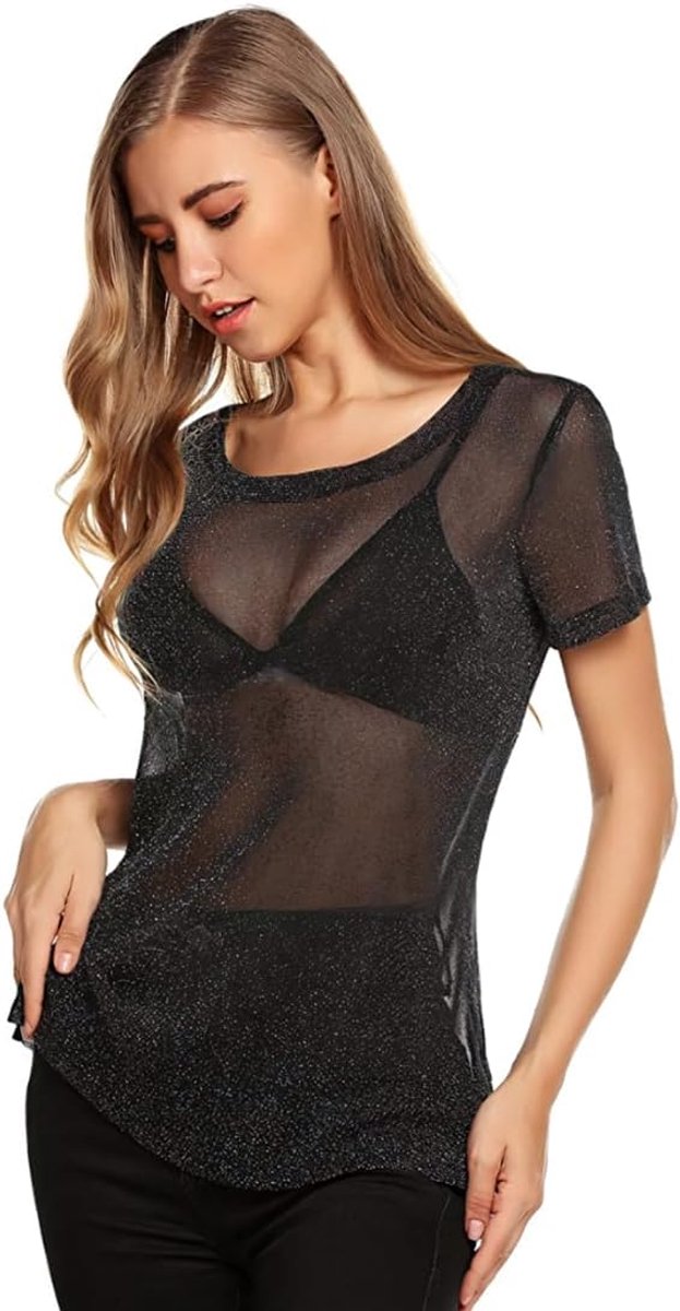 Damestop van transparant mesh, transparant nethemd, zwarte tule, T-shirt met korte mouwen, sexy glitter, damesshirt van netstof met glitter, zwarte transparante shirts voor clubwear en feestjes