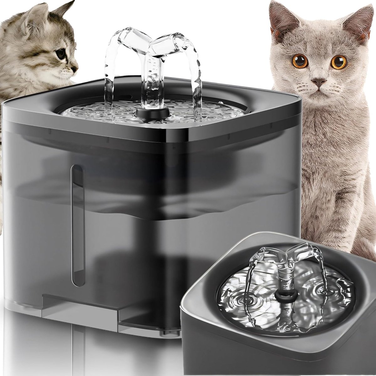 Kattenfontein 2 l, stille pomp, filter, USB, voor katten en honden | minder dan 30 dB, 16 x 16 x 15,5 cm, PP en ABS, tank 2 l, filter en USB-kabel, grijs