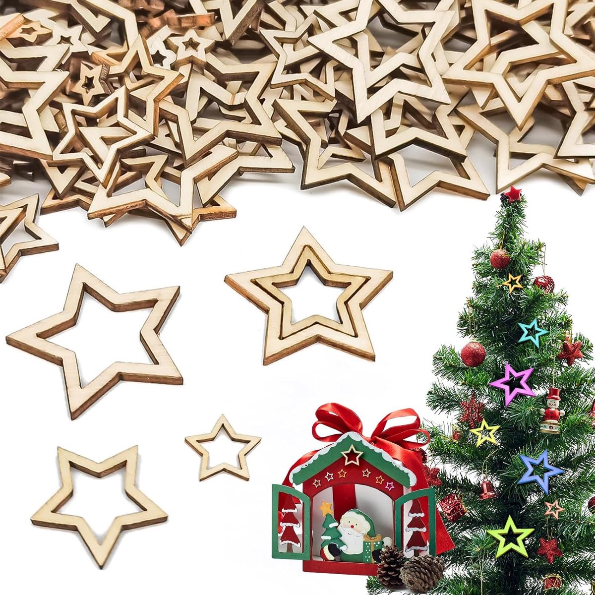 houten sterren om te knutselen, 3-delige set, kleine houten sterren om op te hangen, sterren van hout, strooidecoratie voor kerstdecoratie, adventskrans, decoratie, bruiloft, feest