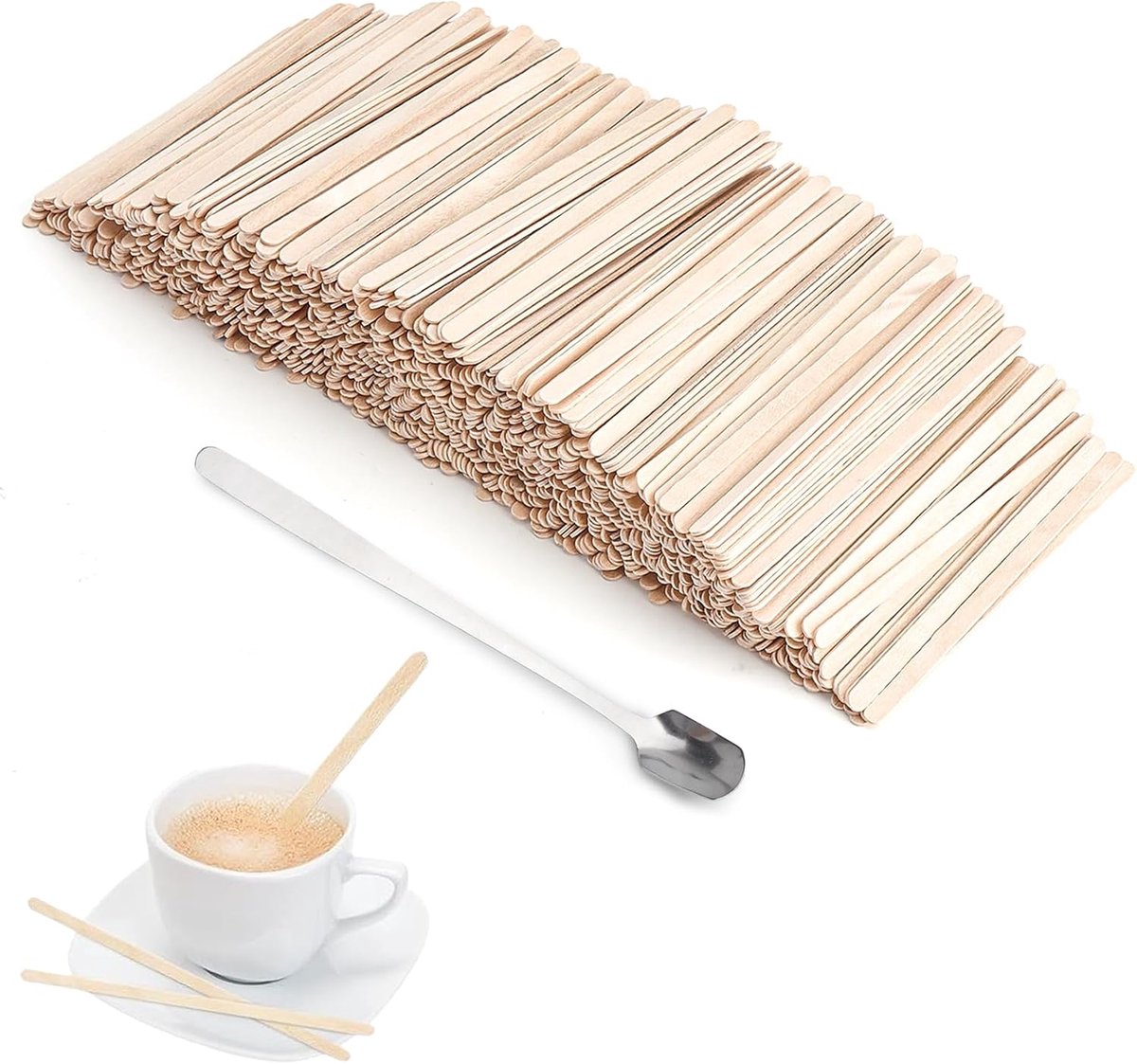 Roerstaafjes van hout, 1000 stuks + koffielepel roestvrij staal, 13 cm, koffiestaafjes, milieuvriendelijke koffie voor café, kantoor, huishouden, gladde, splintervrije roerstaafjes en duurzame