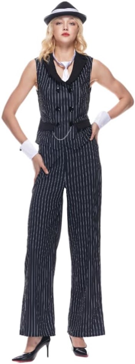 Gangsterkostuum voor dames, gestreept pak uit de jaren 20 voor volwassenen, inclusief mouwloze jas, broek, stropdas, armband, hoed