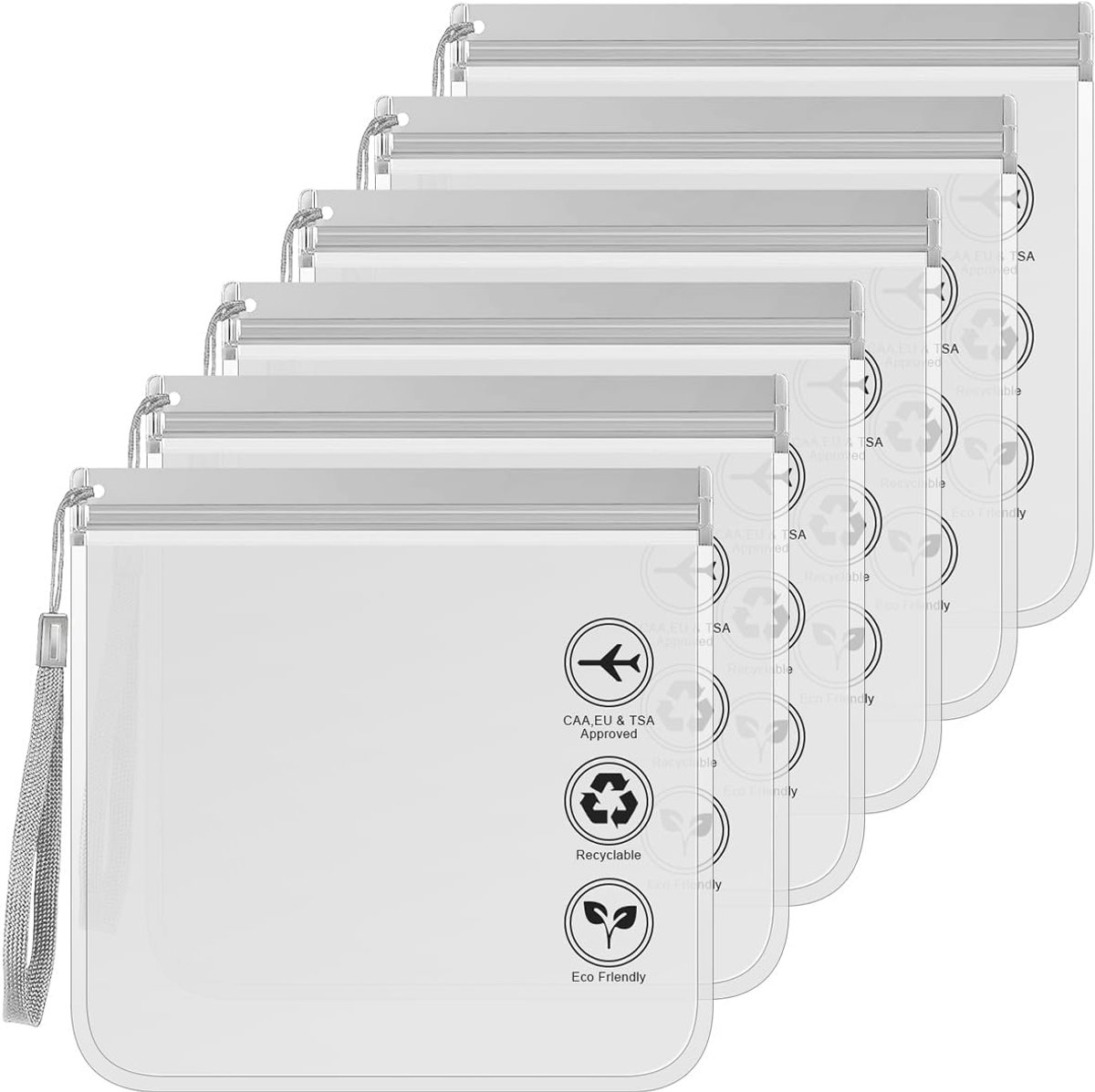 6 stuks transparante vloeistofzakken voor vliegreizen (20 x 20 cm) - waterdichte, veilige make-uptas met handgrepen, luchthaven-conforme reisaccessoires, grijs, /