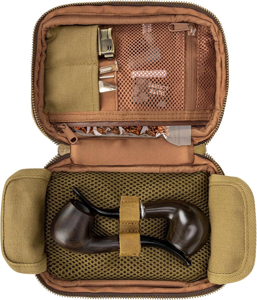 Gewaxt canvas rookpijpzakje voor 2 pijpen en accessoires, geurbestendige tabaksopbergzak met lederen pijpstandaard voor reizen, alleen tas (Khaki)