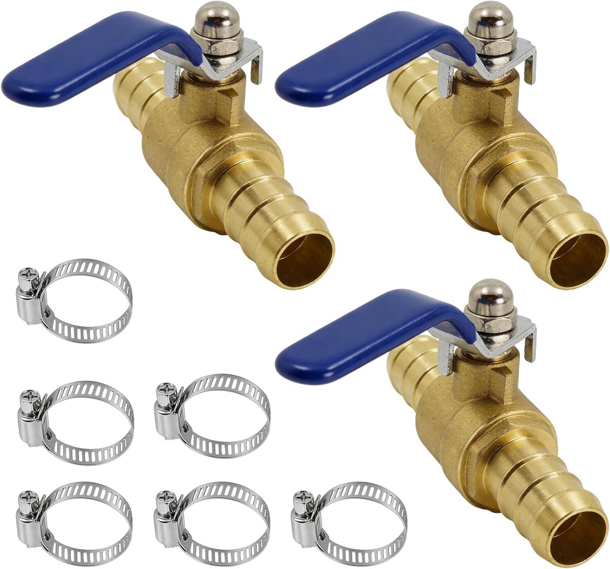 kogelkraan 3/4 inch, 3 stuks dubbele kop slangtuleventiel (19 mm) met 6 slangklemmen, afsluitkogelkraan voor lucht, water, olie en brandstof