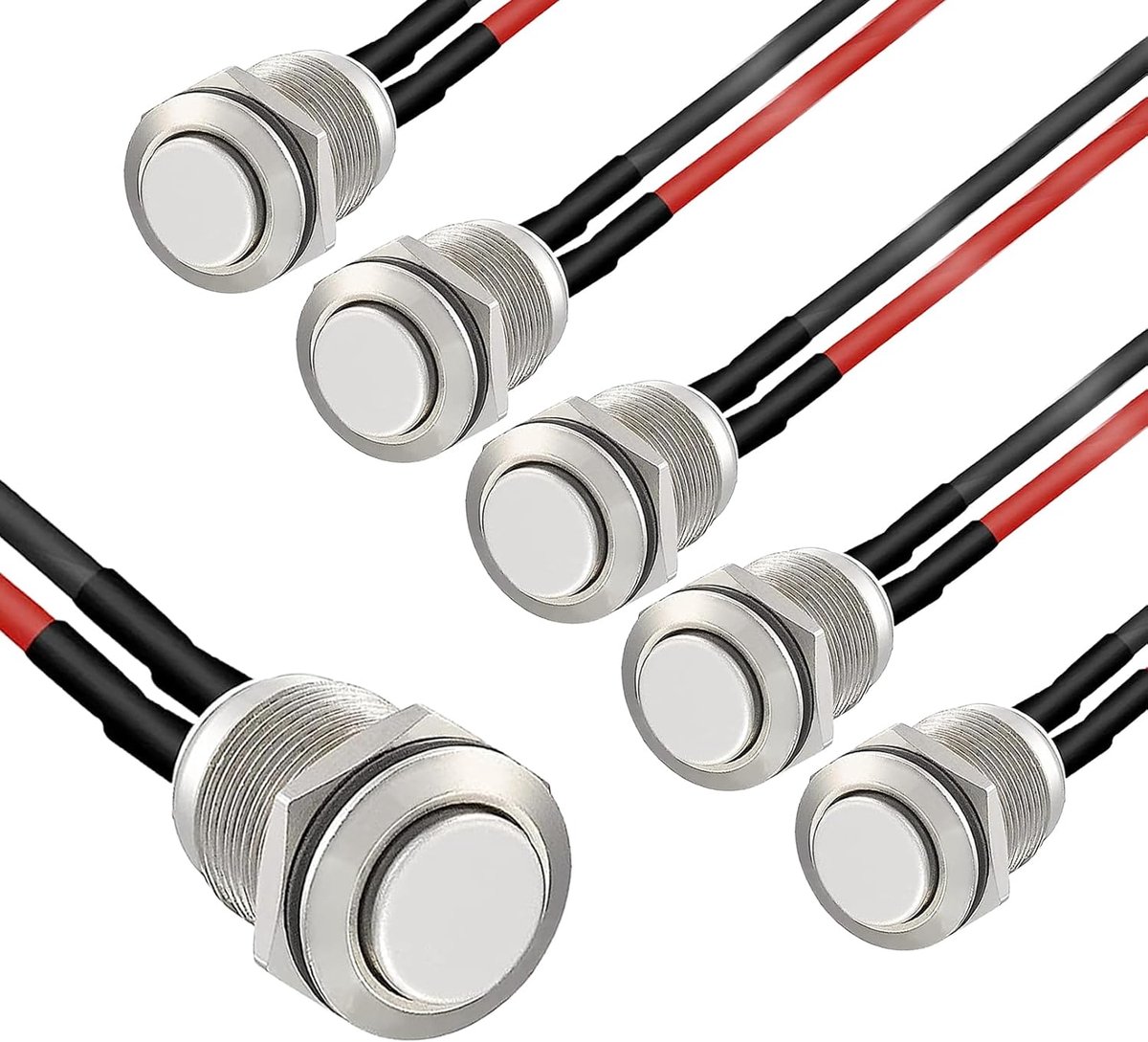 6 stuks drukknoppen 12V, drukschakelaar, waterdichte drukknoppen, 12mm momentane roestvrijstalen drukschakelaar, ronde knop AAN/UIT, drukknopschakelaar 2A/12V/24V/125V/250V met draad voor claxons, bel