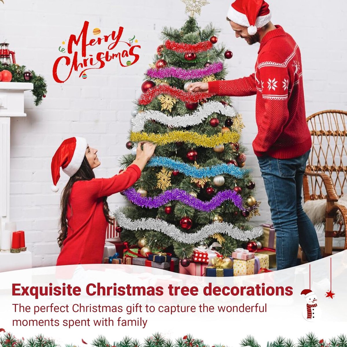 Kerstboom, 4 stuks × 2 m, kerstslinger, 8 m, kerstdecoratie, lametta-slinger in goud, blauw, groen, wit, kerstboomdecoratie voor binnen en buiten (zilveren klokken) – foto 7