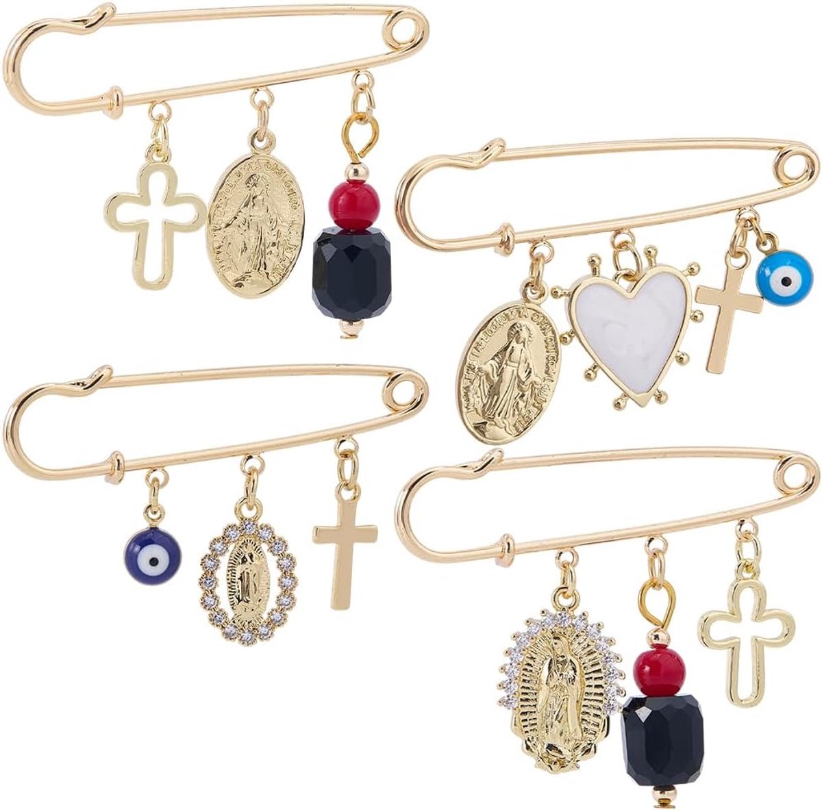 1 Doos 4 Stijlen Boze Oog Veiligheid Pin Decoratieve Broche Pins Echte 18K Vergulde Ijzer Messing Emaille Duivel Ogen Kruis Hart Veel Geluk Kleding Broche Voor Trui Sjaal Broek Taille