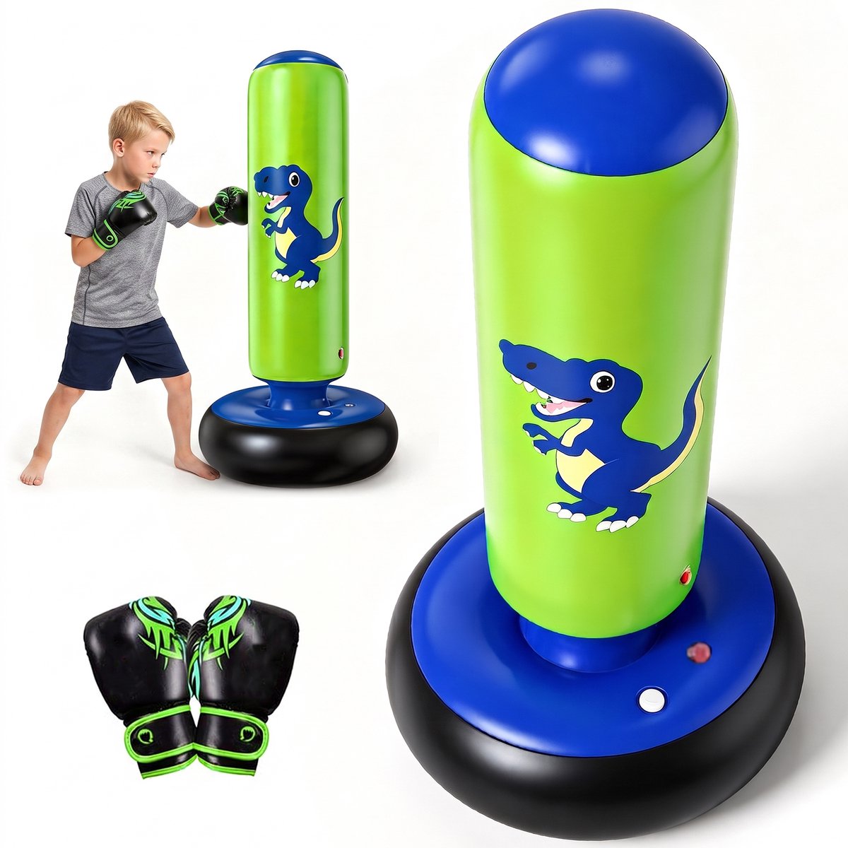 Opblaasbare Bokszak - Boxing Bag - Staande Boksbal voor Kinderen - 120 cm - Dinosaurus - PVC - 0,5 mm - Fitness en Stress - met Handschoenen - Voor Kinderen 3-6 Jaar - Binnen en Buiten