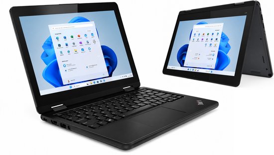 Twee zwarte Lenovo Yoga 11E Gen 6 laptops, een open en een in tabletmodus.