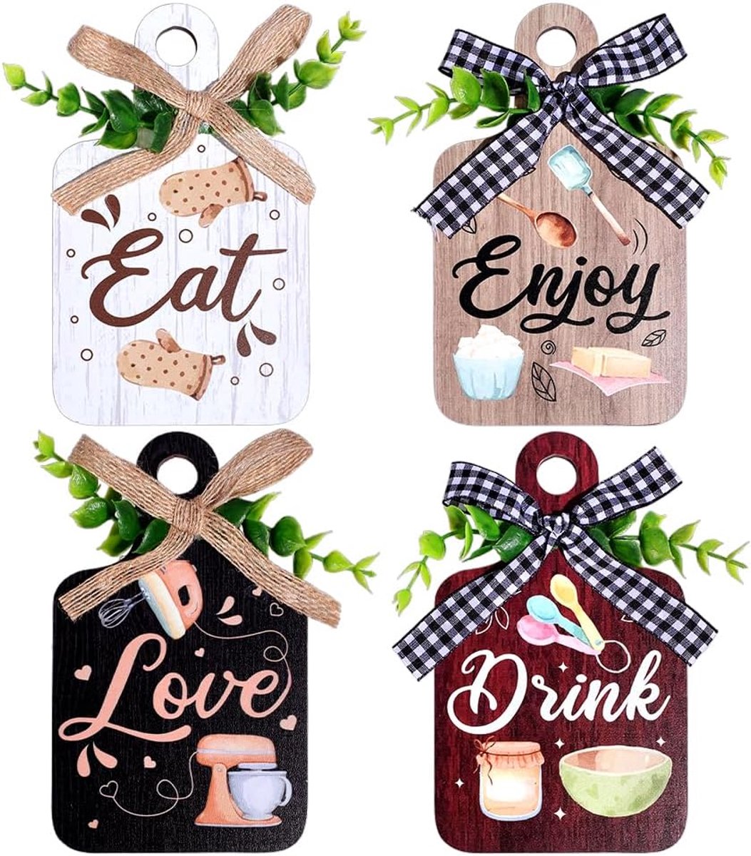 PandaHall 4 Stijlen Eet Houten Bord, Wanddecoratie Eet Houten Snijplank Teken Eten/Drinken/Genieten/Genieten/Liefde/Liefde Boerderij Gelaagd Lade met Hennep Touw Opknoping Muur Decor voor Thuis