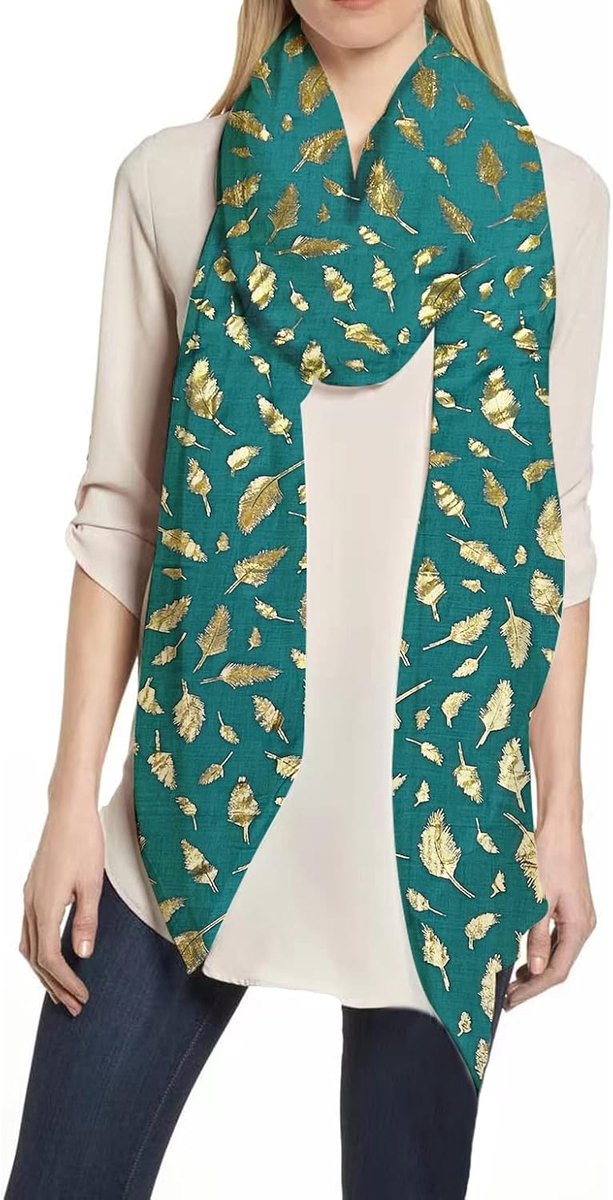 & Lily dames sjaal met verenpatroon metallic, blauwgroen-goud, Eén maat