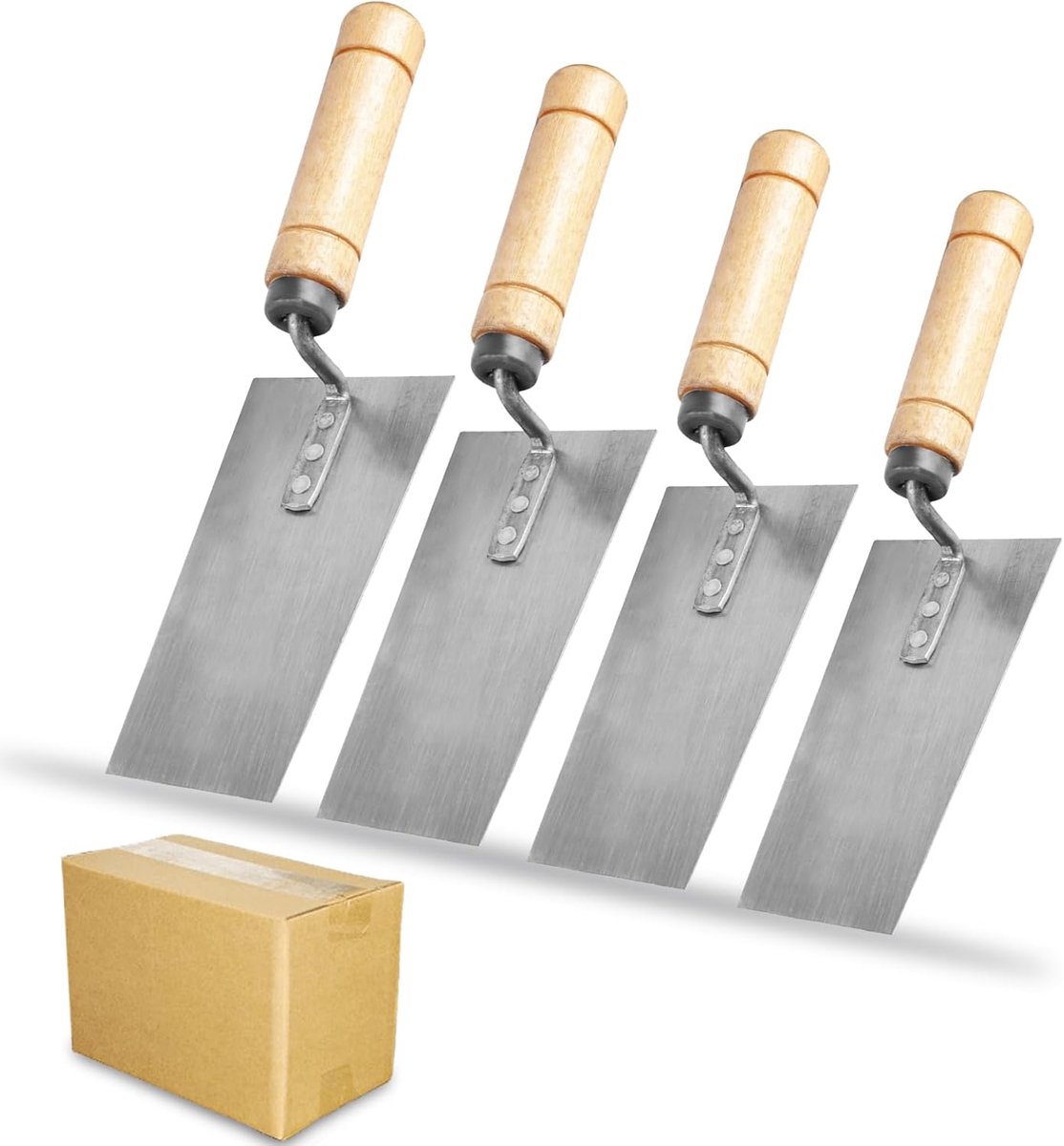 4 stuks spatelgereedschap, trapeziumvormige roestvrij stalen gipsspatel, houten handvat, stucateur spatel, verschillende maten spatel, antislip en duurzaam, droogbouwtroffel voor metselwerk