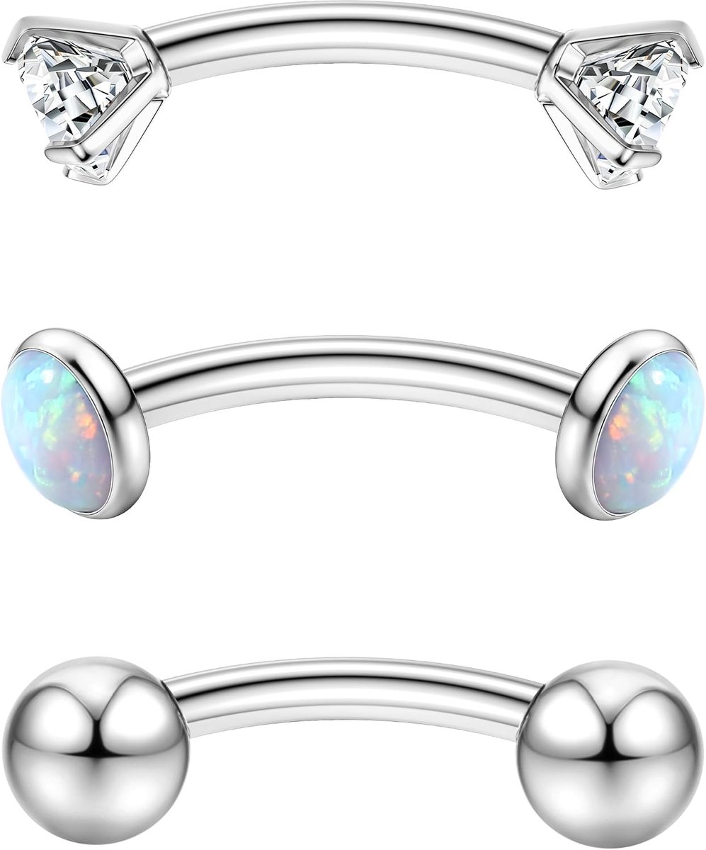 G23 Titanium 16G Gebogen Barbell voor Vrouwen Mannen - CZ Opaal Bal Helix Daith Tragus Oor Piercing Wenkbrauw Bars Lip Navel Bars Rook Sieraden 6mm 8mm 10mm