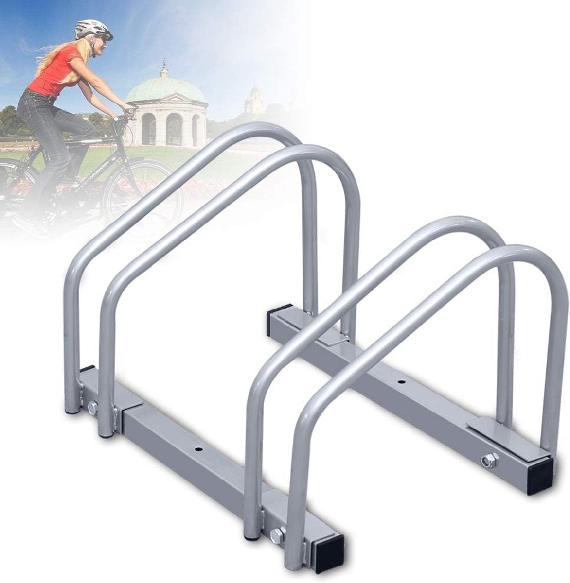 Fietsstandaard voor 2 fietsen, 35-55 mm, bandbreedte, fietshouder vloer, wielstandaard, zilver, vloerstandaard, verzinkt staal