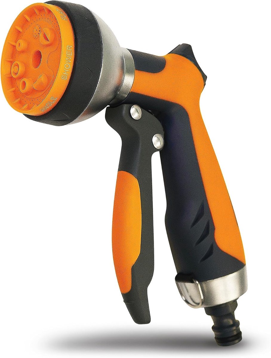Tuinsproeier met aluminium behuizing, tuinspuit met 7 sproeipatronen, sproeispuit met opzetstuk voor tuinslang, handdouche, tuin, waterspuitmond, reinigingspuit, multisproeier, oranje