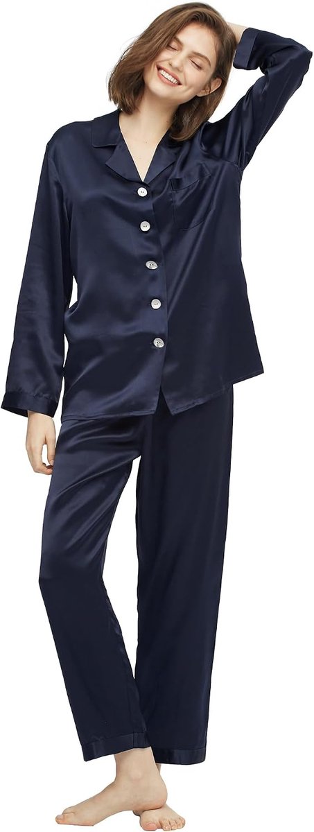 Pyjama, zijde, nachtkleding, borstzak, 2-delig, lange kraag, knoopsluiting, lange mouwen, functioneel, 16 momme.