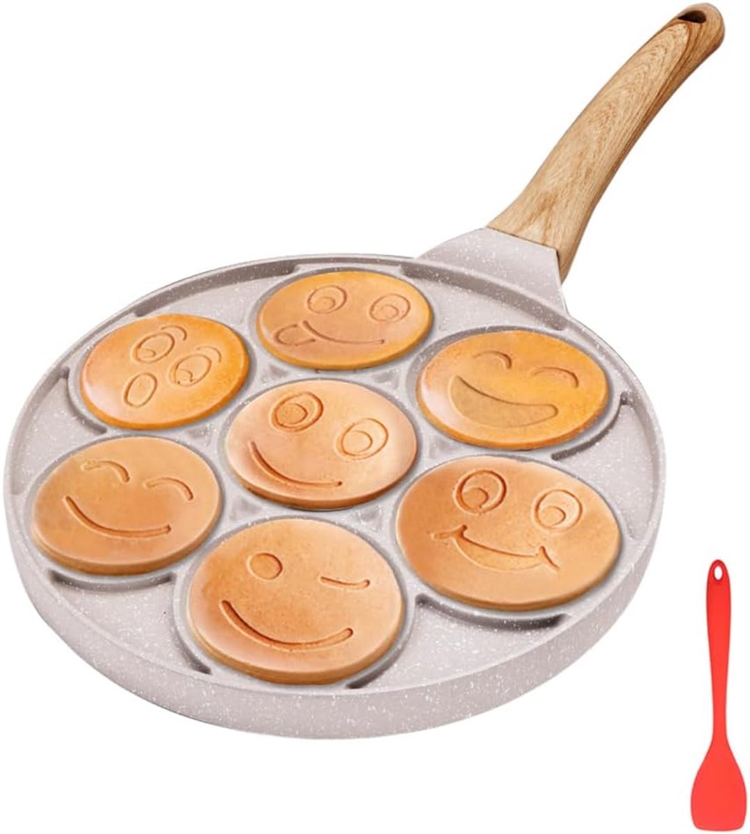 Face Pannenkoekenpan, pannenkoek koekenpan, antiaanbaklaag, 7 gaten, mini-pannenkoekenmaker voor kinderen, compatibel met inductie, 26 cm - wit