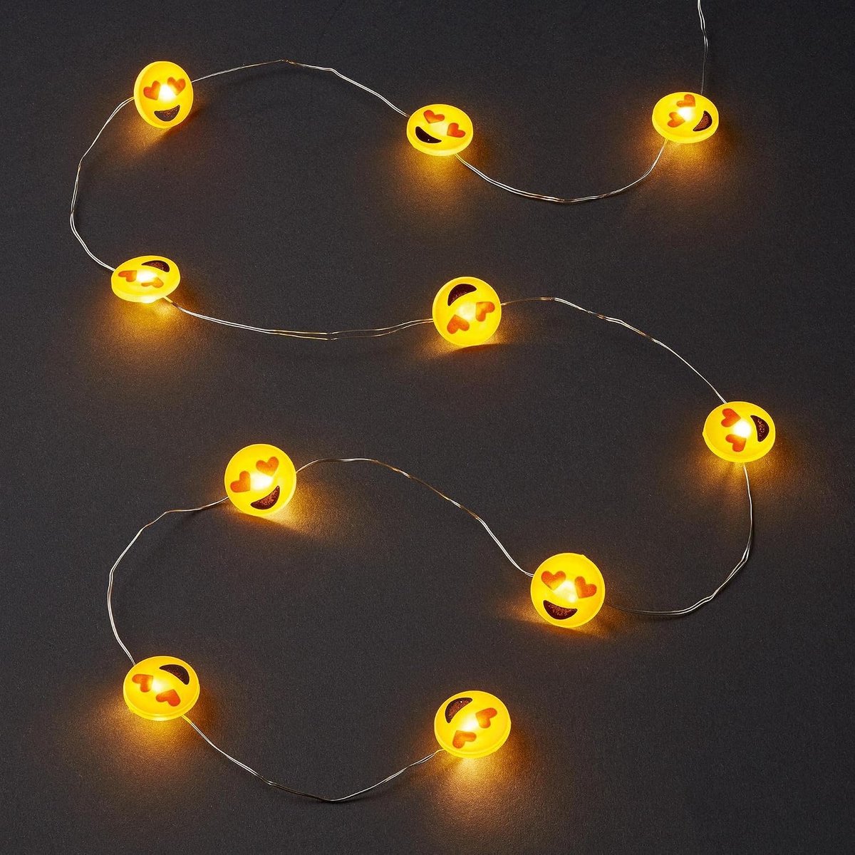 hellum LED Fairy Lights Hart Emoji 10 LED Smiley Licht Warm Wit Koperen Kabel Fairy Lights met Emoji's, Smiley LED Fairy Lights Batterij Werkt (2xAA n.i.) Valentijnsdag Decoratie 522969