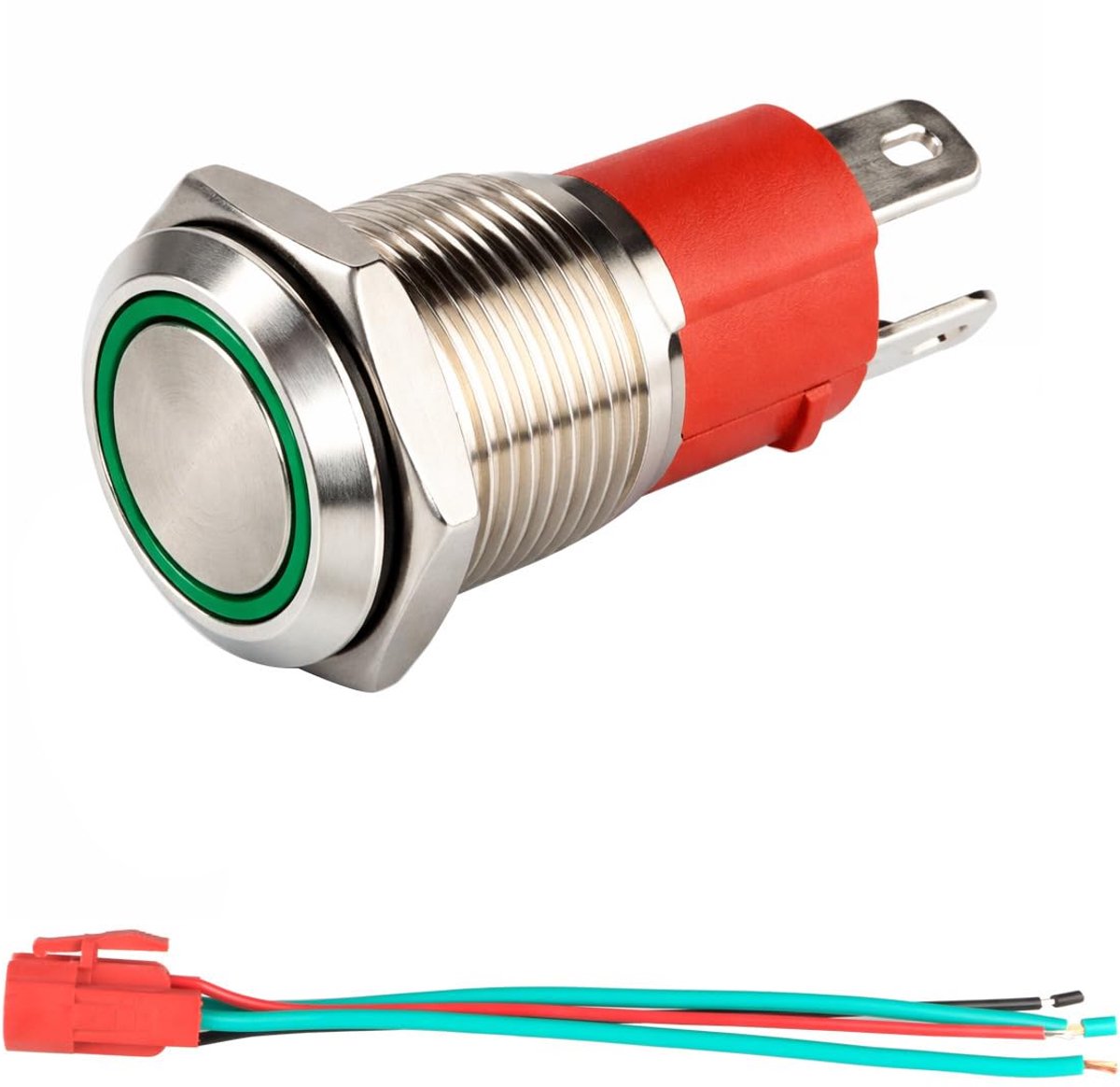 12V-24V/15A Momentary Drukknop NO Waterdichte Groene LED Licht Verlichte 16mm Metalen Power Start drukknop met Socket Plug Draad