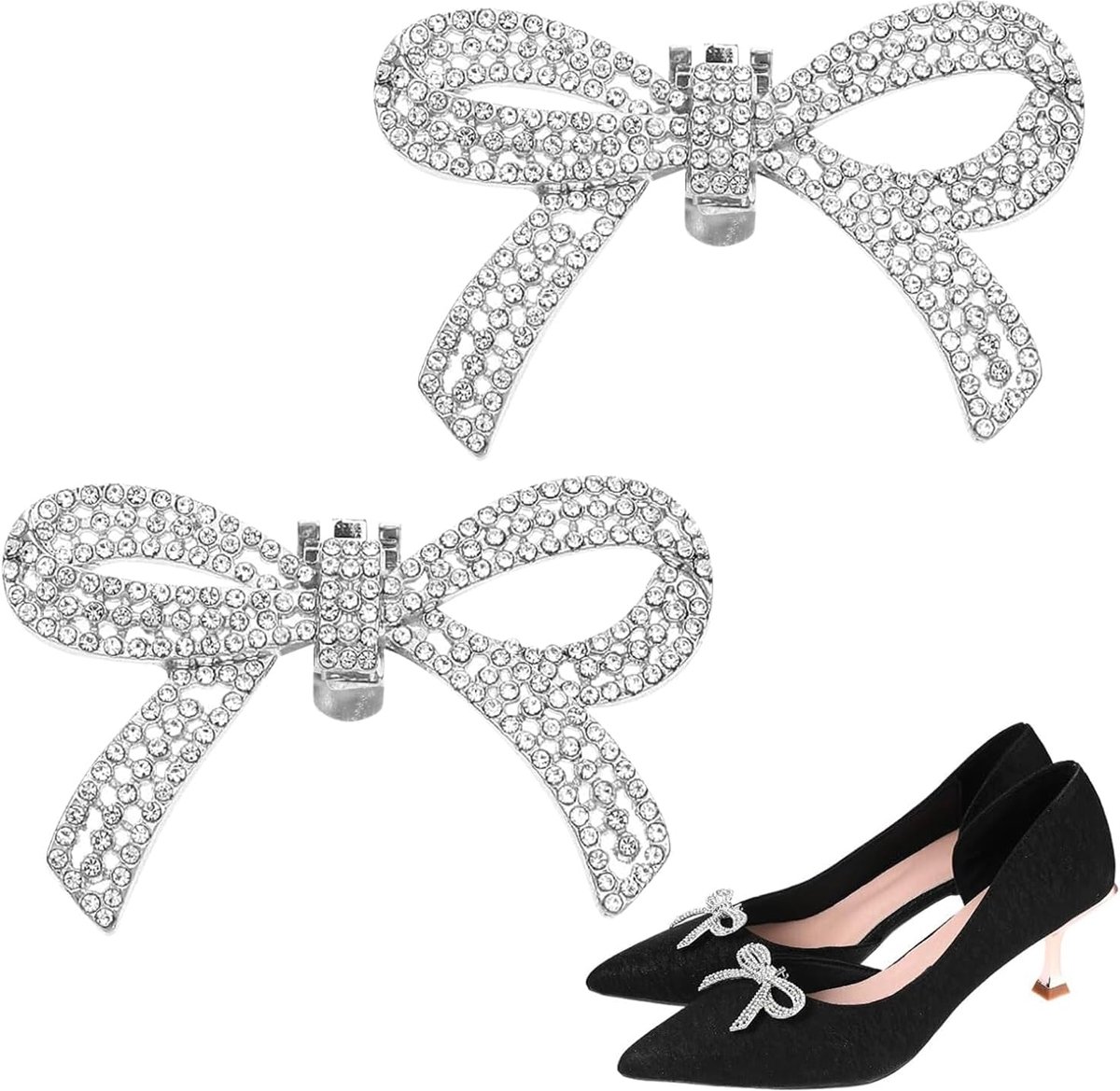 Schoenclips, 2 stuks damesschoenen met strassteentjes, schoenclips voor dames, gesp kan demonteren, strik, schoensieraden voor vrouwen, bruid, bruiloft, gala, feest naar het werk, zilver