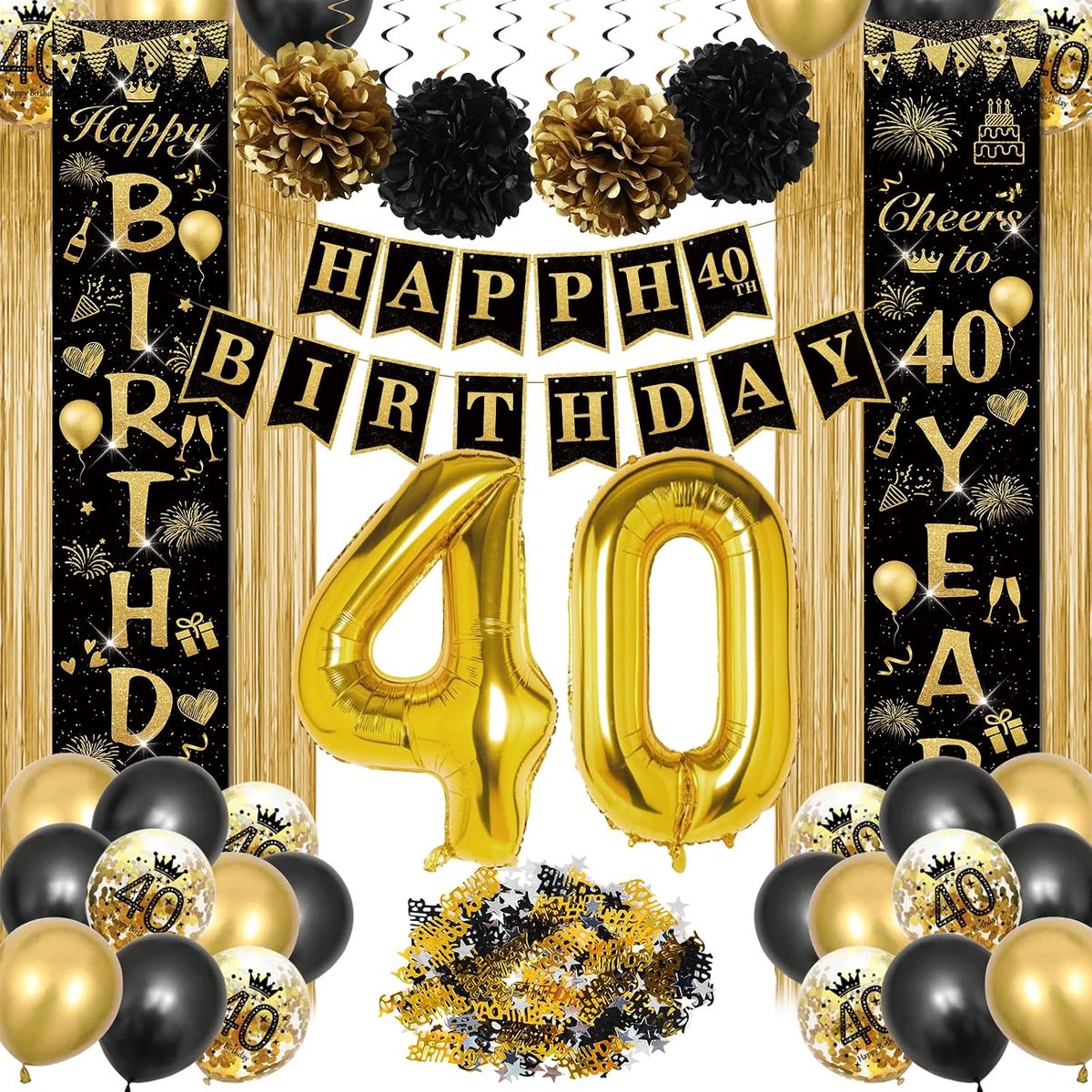 40e verjaardag decoraties voor mannen en vrouwen, zwart goud 40e verjaardag ballonnen, cijferfolie 40 ballonnen, 40e Happy Birthday-banners, Happy Birthday-slingers, ballonnen zwart goud decor voor