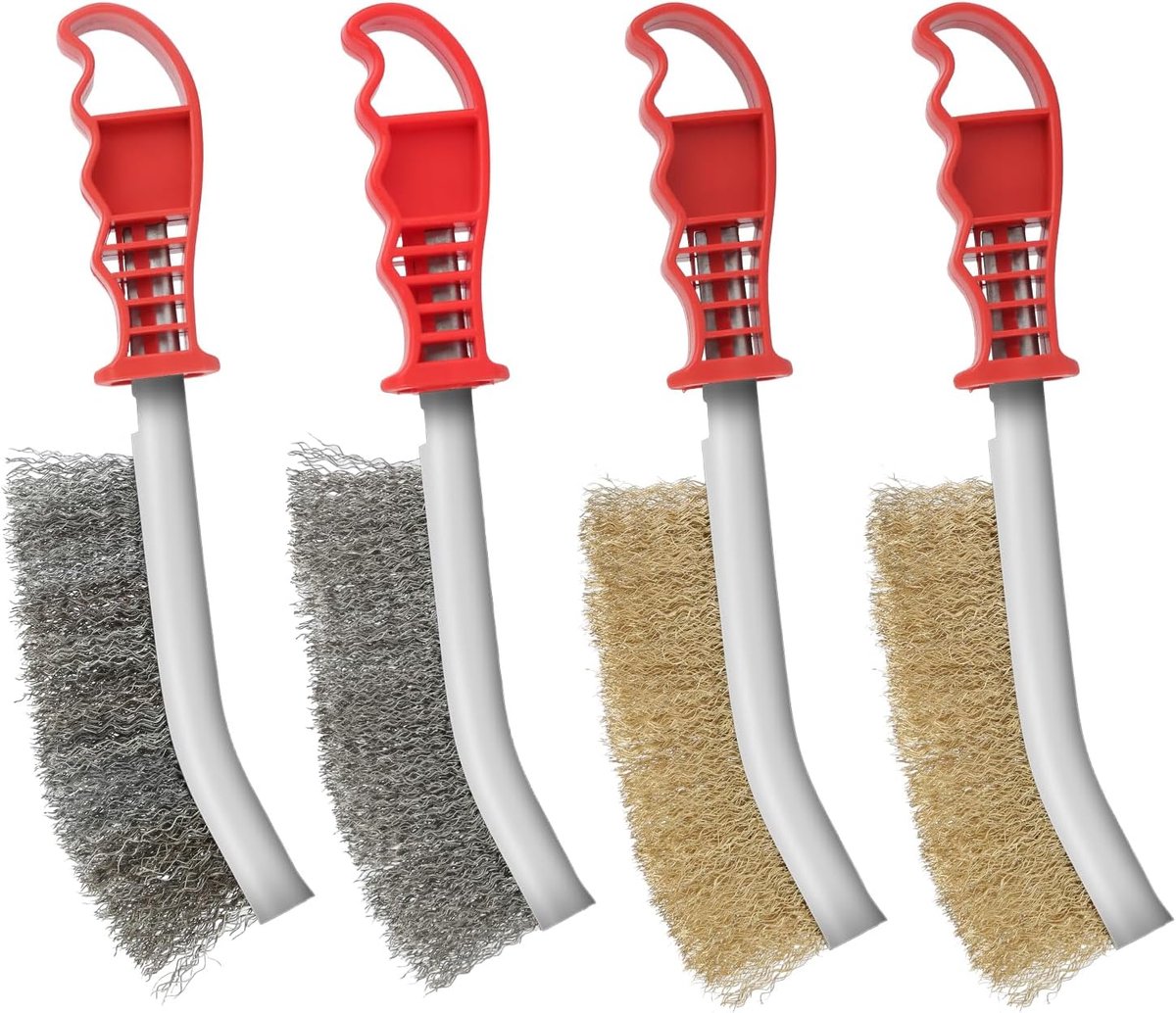 Set van 4 metalen borstels 24,5 cm, geperst staal, messing, intensieve reiniging, roestvrij