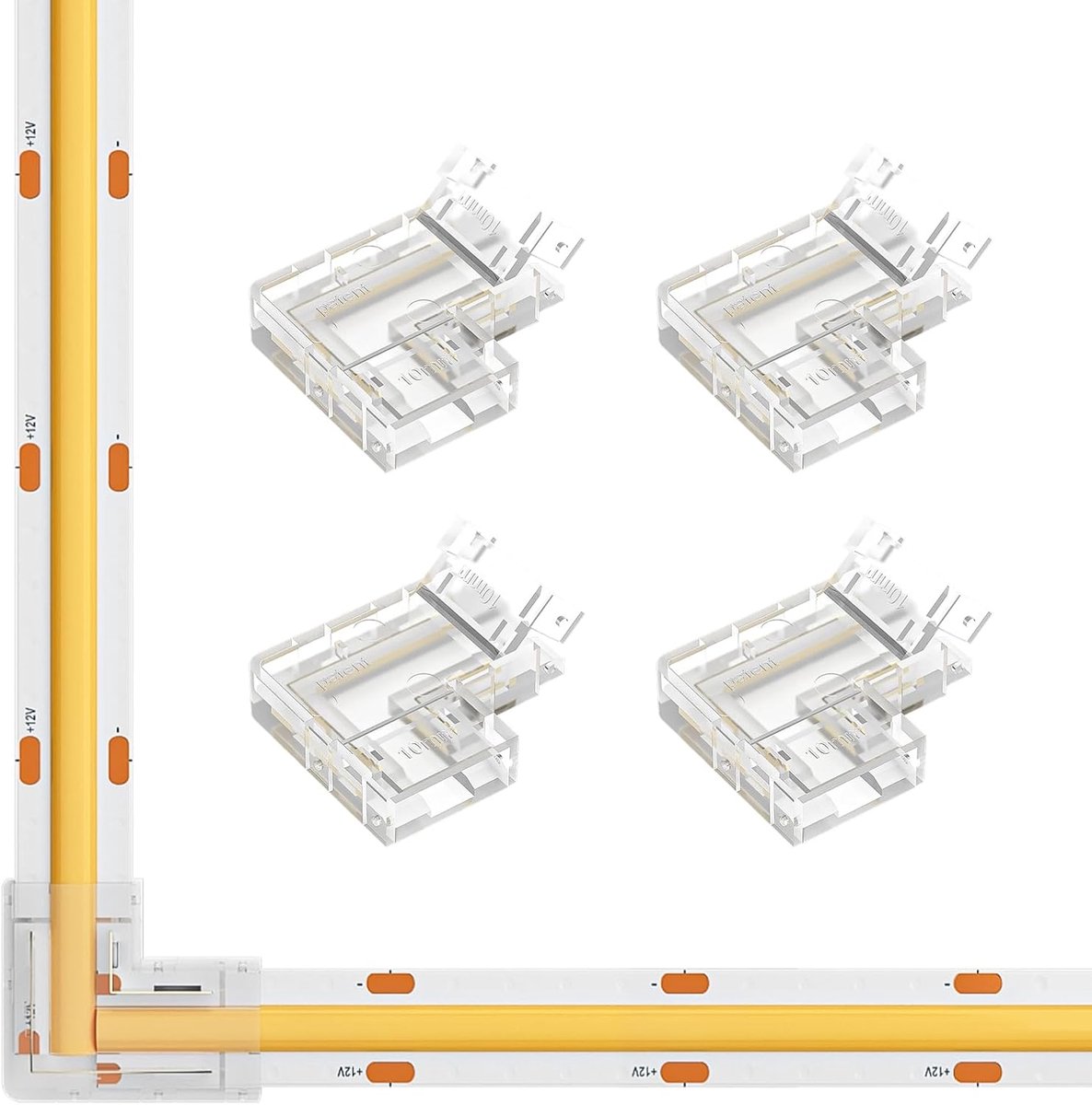 FCOB Gapless L-Vormige Connector Set 4 Stuks L-Vormige Hoekverbinders Transparant Onbedraad Connector Geschikt voor 2 Pins 10mm COB LED Strips Soldeervrije en Terminal Extension-Connectoren