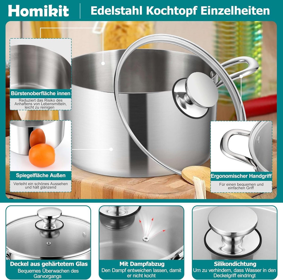 20 cm kookpan, 3-laags roestvrijstalen soeppan, inductie met glazen deksel, 3,3 l pastoepan, vleespan voor alle warmtebronnen, gepolijst en ongecoat, gezond, vaatwasmachinebestendig
