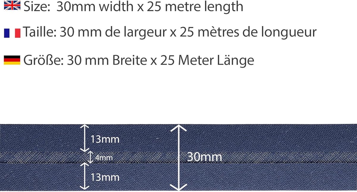 biaisband - 30 mm breed, gevouwen 15 mm, rol van 25 m, 50% katoen 50% polyester, rand voor naaien, banners, stoffering, meubels, biezen, kleding, dekens