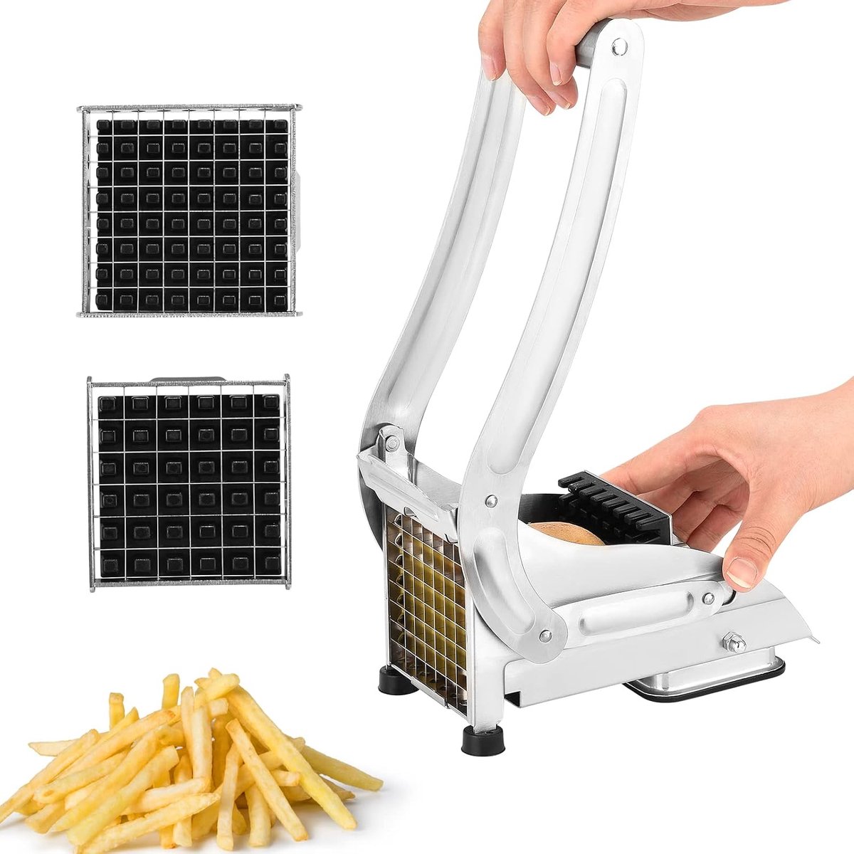 Aardappelsnijder van roestvrij staal, handmatige frietsnijder met 2 reservemessen (12 mm en 9 mm), frietsnijmachine met antislip voeten, chipssnijder voor groenten en fruit