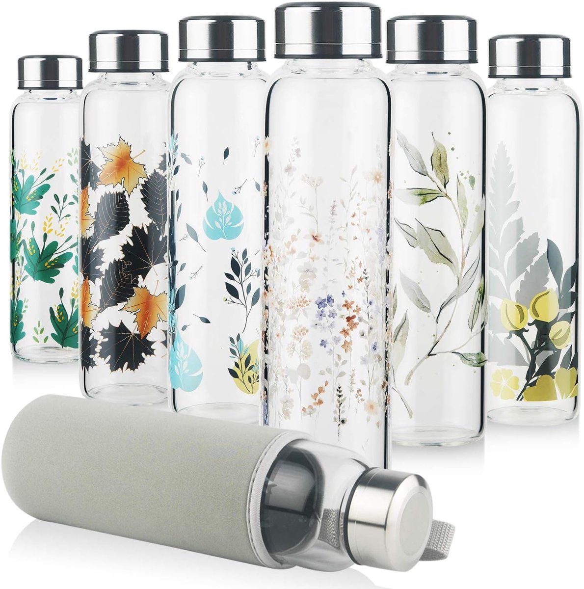 Waterfles van borosilicaatglas, glazen drinkfles met neopreenhoes en lekvrij roestvrijstalen deksel, 500 ml, 1000 ml, 1 liter