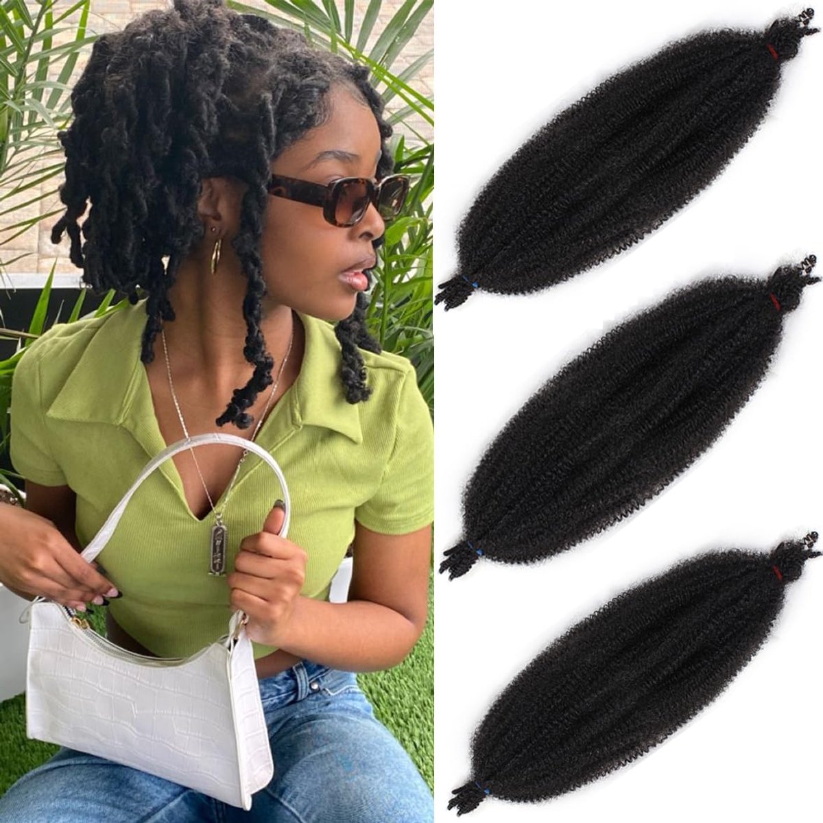 40,6 cm springy twist haar voor Afro Marley locs, 3 pakketten voorgescheiden popping spring twist gehaakt haar voor distressed locs, Afro kinky krullend Marley vlechten haarextensies / 1B#