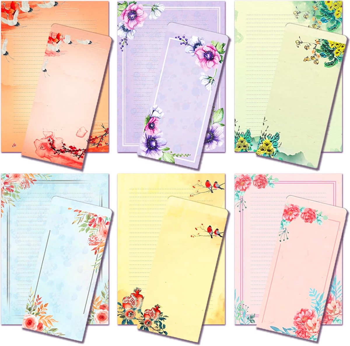 set briefpapier en enveloppen met bloemen, 48 stuks briefpapier met 24 stuks zelfsluitende enveloppen, 100 g/m² zwaargewicht printervriendelijk, kleur aan beide zijden, inktschildering klassiek